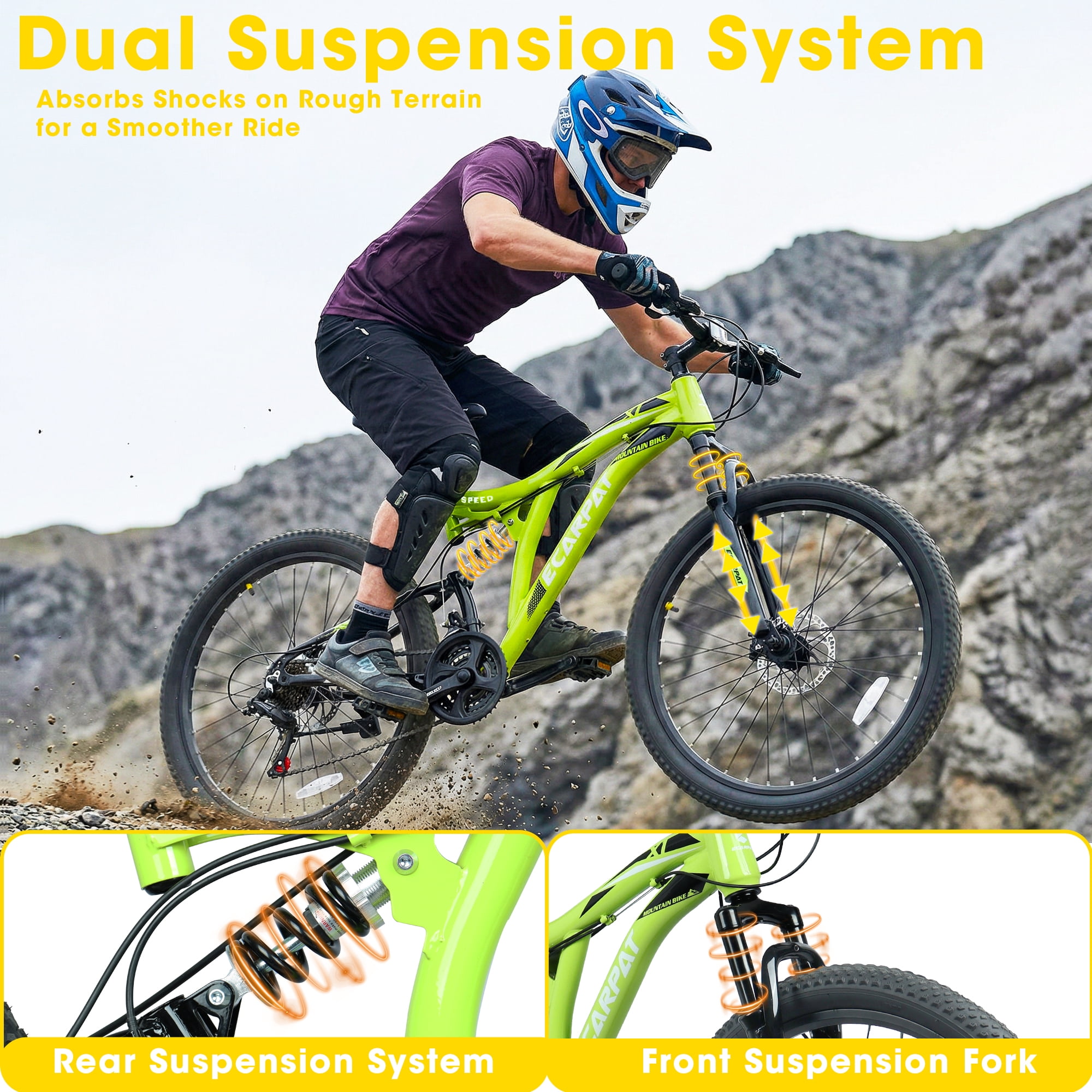 Ecarpat 26 Inch Mountain Bike, Full Suspension Steel Frame, 21-Speed Drivetrain, Dual Disc Brakes (Green, 26 in) n86xu