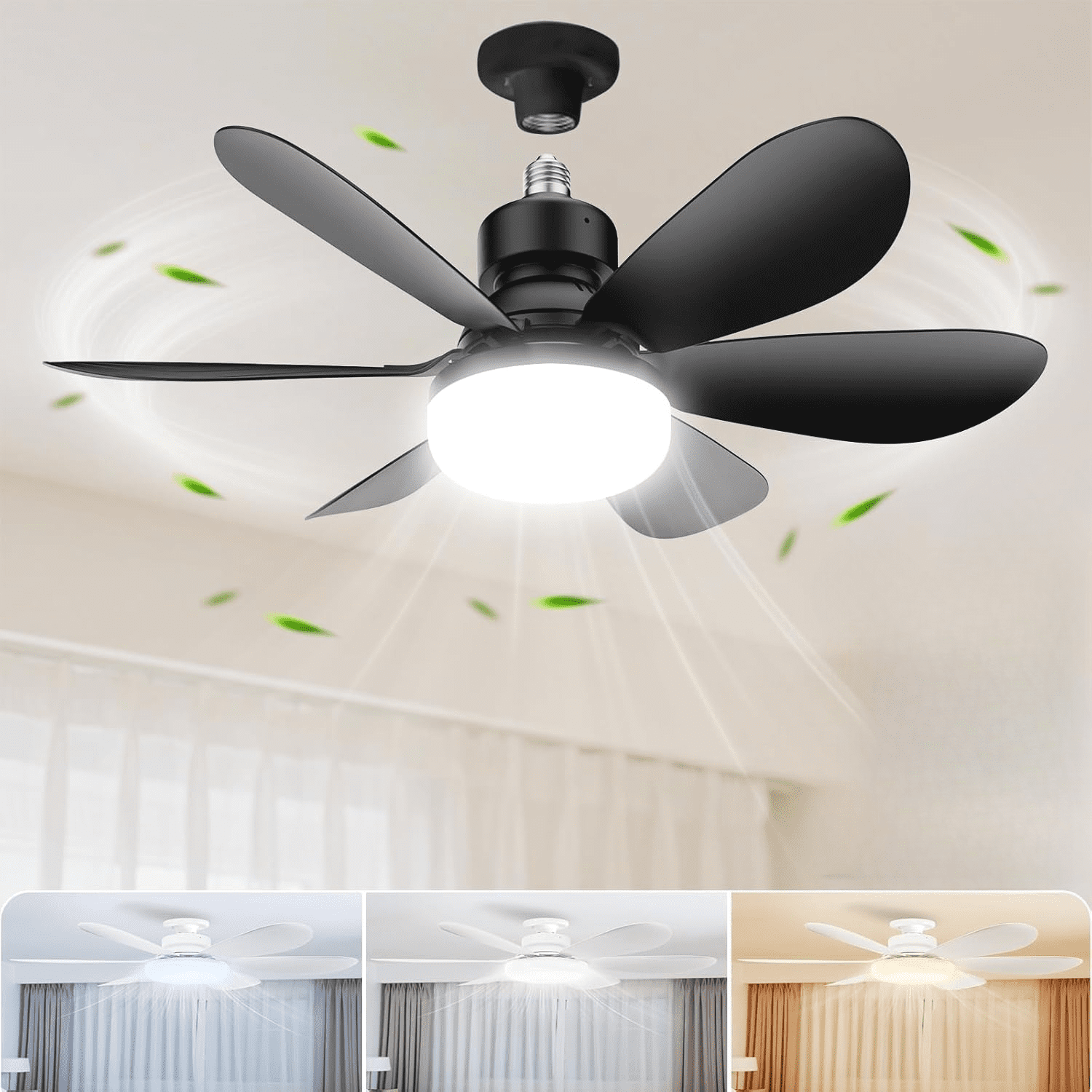 Modern Ceiling Fan Light (Black, 20.5 in) 40W LED 3-Speed Indoor Ceiling Fixture for Bedroom and Living Room x1i2c