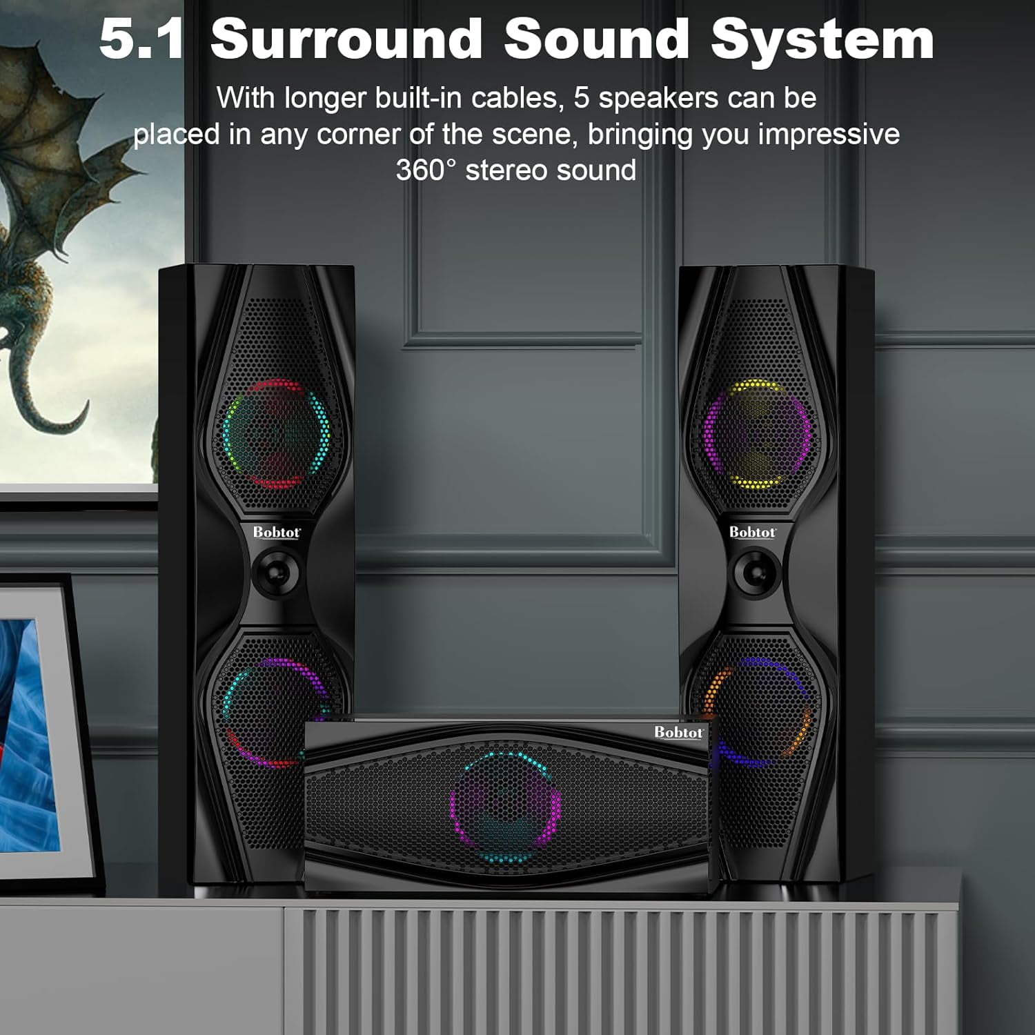 Bobtot 5.1 Channel Home Theater Surround Sound System, Powerful Audio Stereo Speakers with 10 in Subwoofer (Black, 1200 Watts) 8gr3a