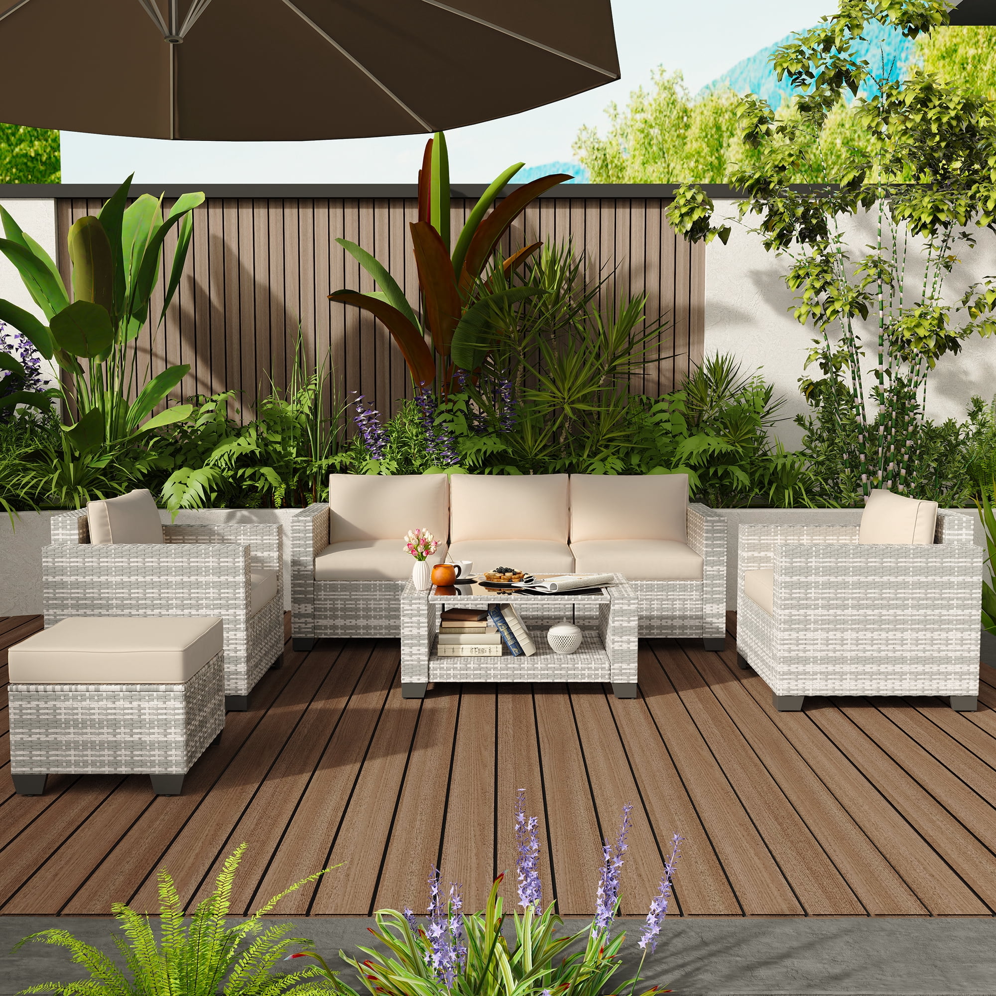 Kigoty 7-Piece Outdoor Patio Furniture Set, Wicker Rattan Sectional Sofa with Coffee Table (Gray-White Rattan, Beige Cushions) n00rz