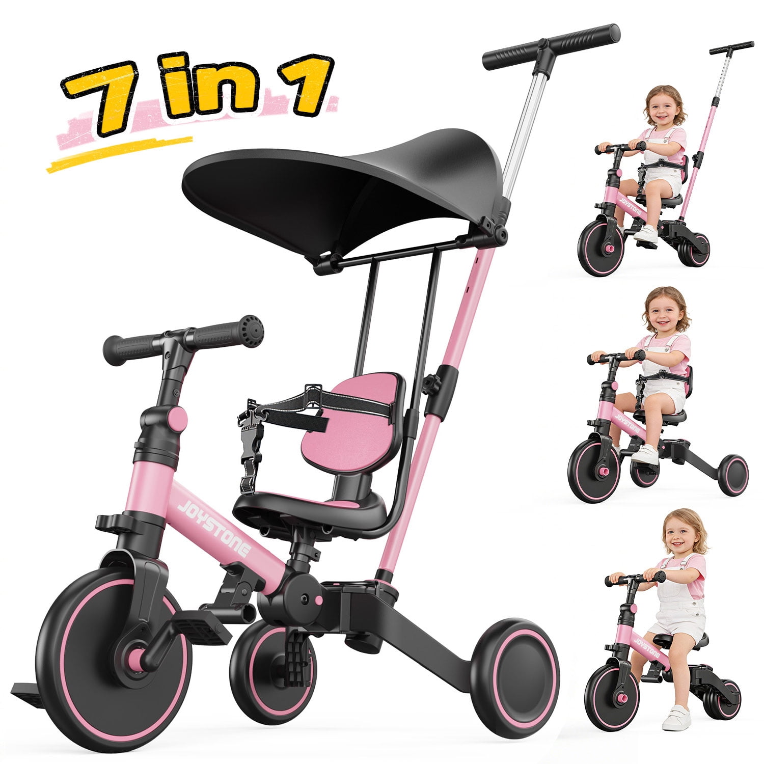 JoyStone 7-in-1 Foldable Toddler Tricycle and Balance Bike with Parental Control Handle and Adjustable Canopy (Pink) p8g8q