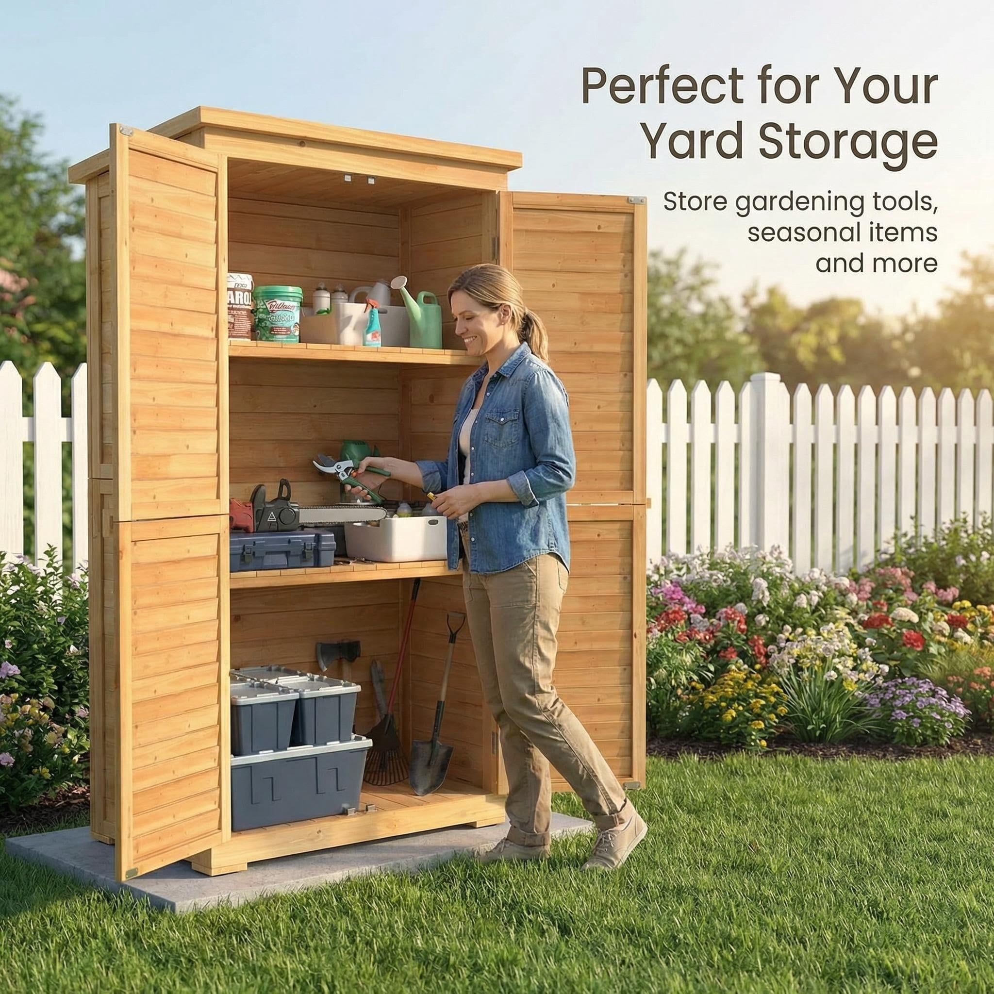 Lofka Outdoor Storage Cabinet, Weatherproof Garden Shed with Lockable Doors and Adjustable Shelves (Natural, 63.2 in) 71pwo