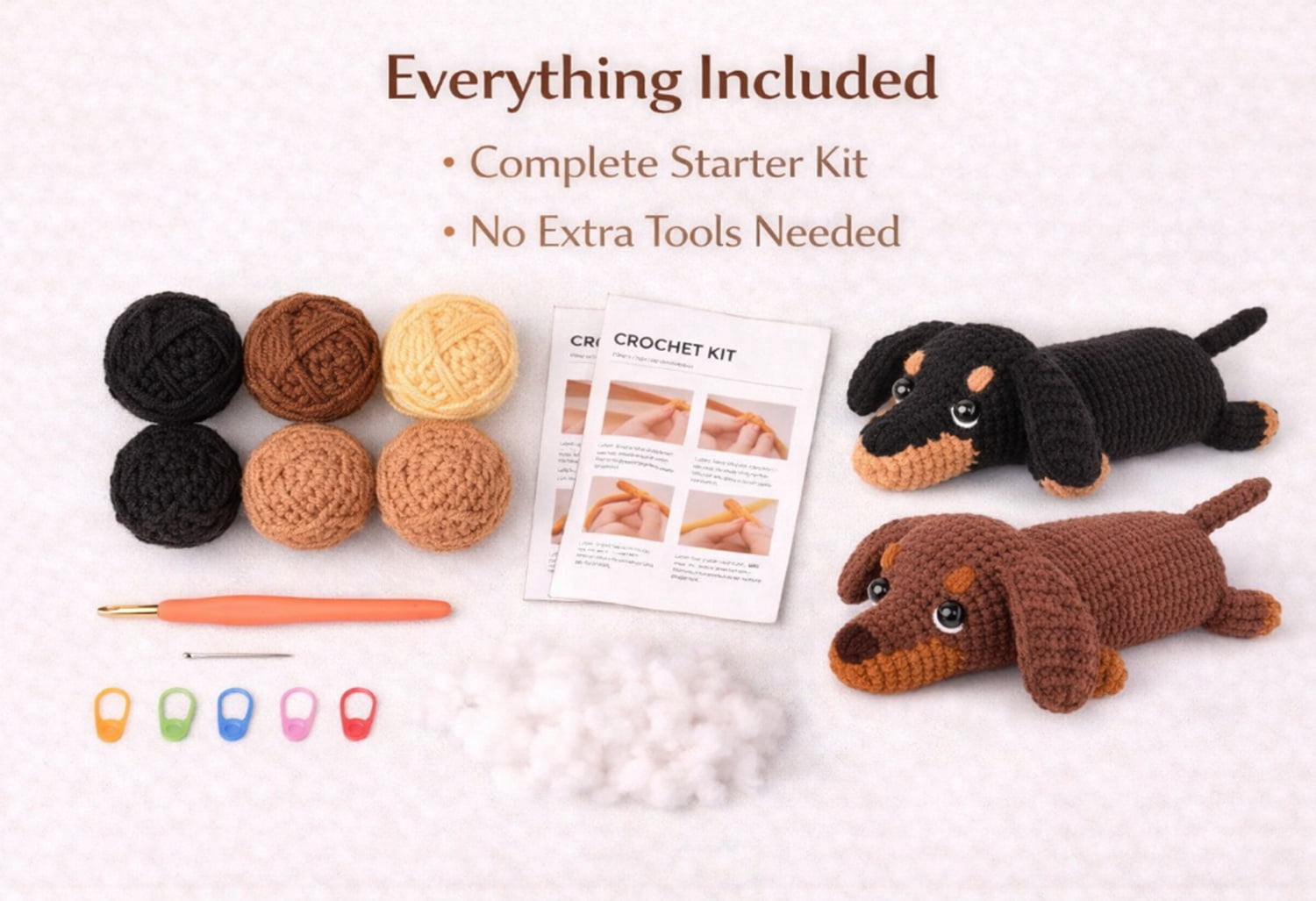 TIKA Dachshund Crochet Kit for Beginners, Dog Amigurumi Starter Set with Video Tutorials (2 Pack) fpcjn