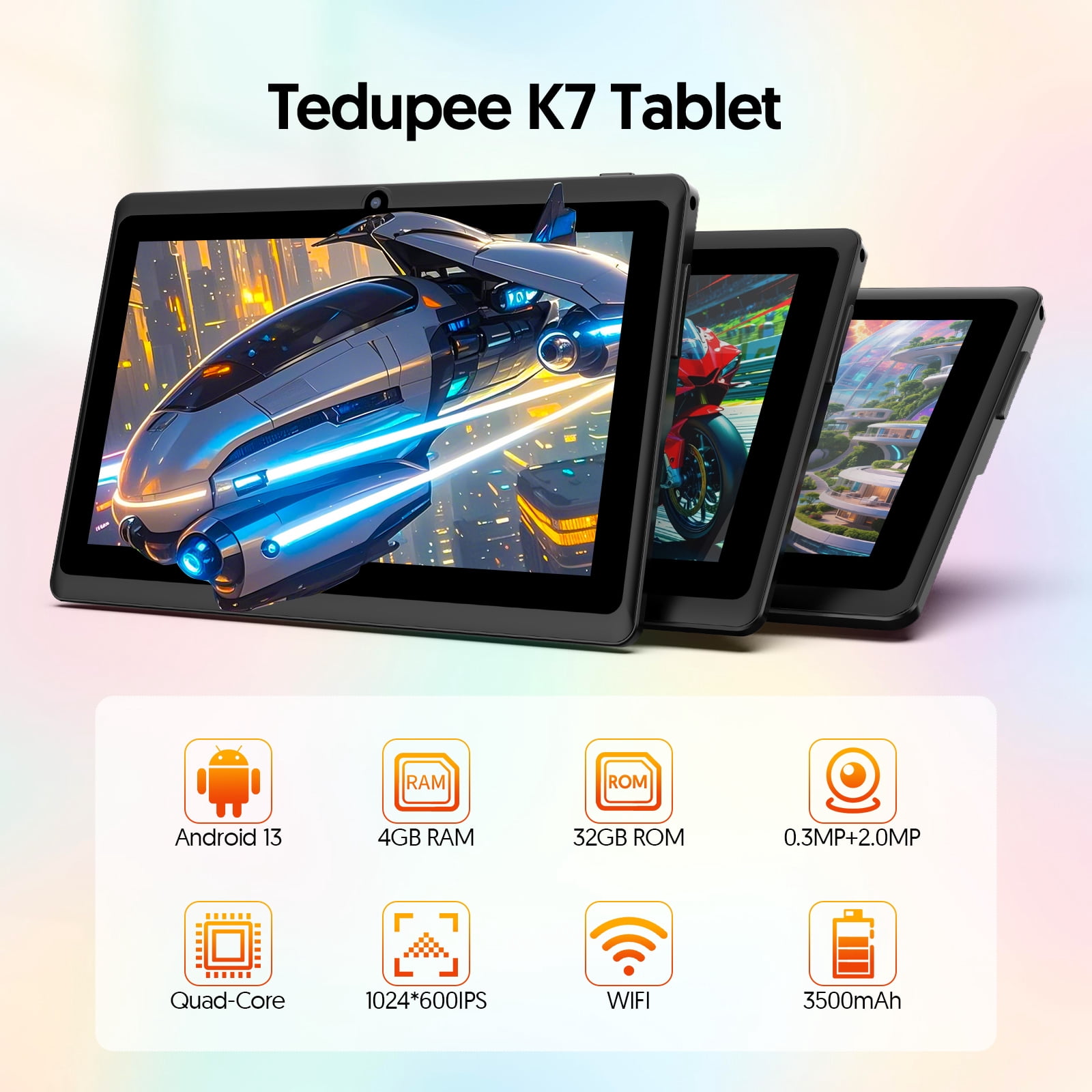 Tedupee 7 in Android 13 Tablet Quad Core 4GB RAM 32GB ROM IPS Touch Screen with Protective Case (Black, 7 in) lnpt7