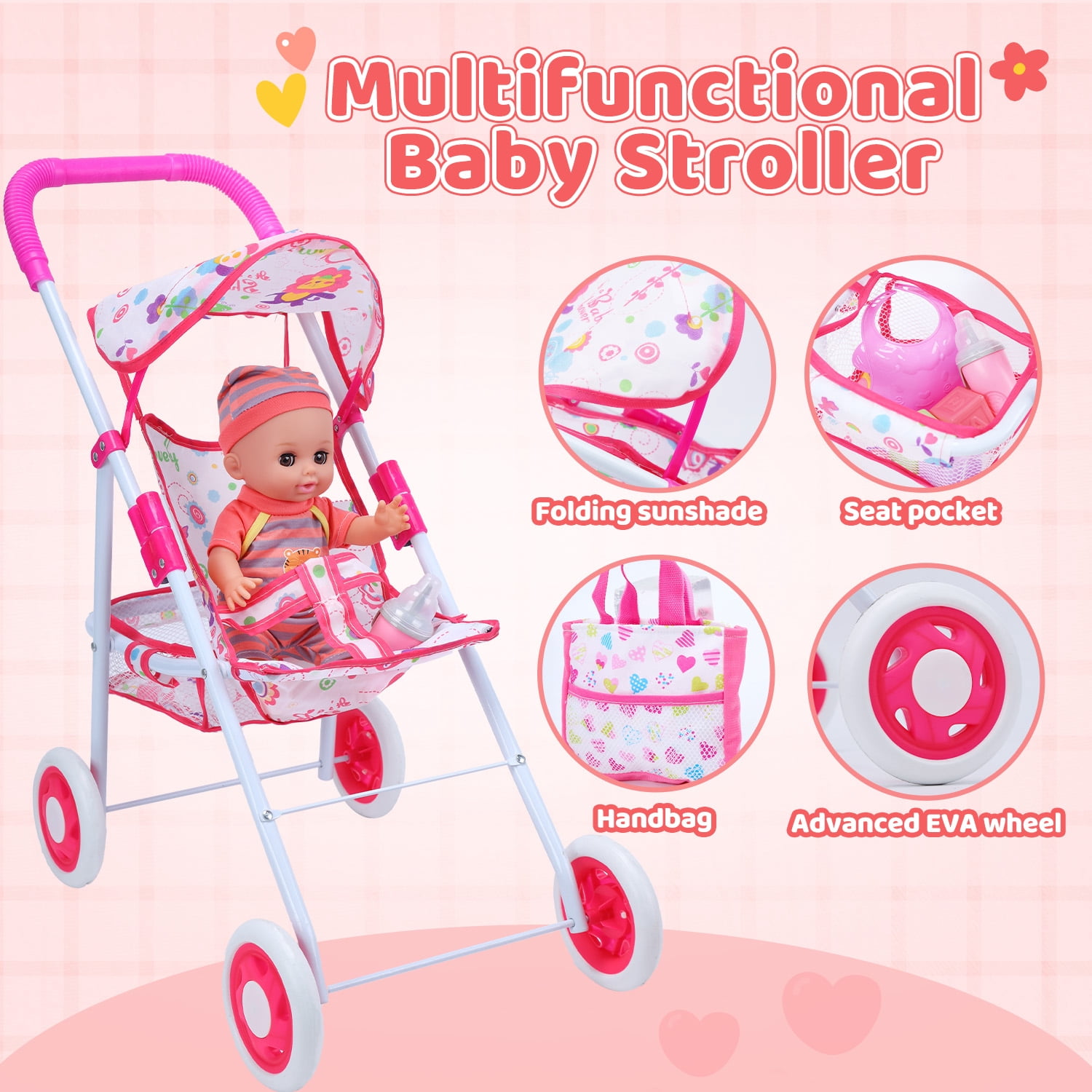 JoyStone Baby Doll Play Set with 12.5 in Doll, 21 in Foldable Stroller, High Chair, and 35 PCS Accessories (Multicolor, 12.5 in) rusm0