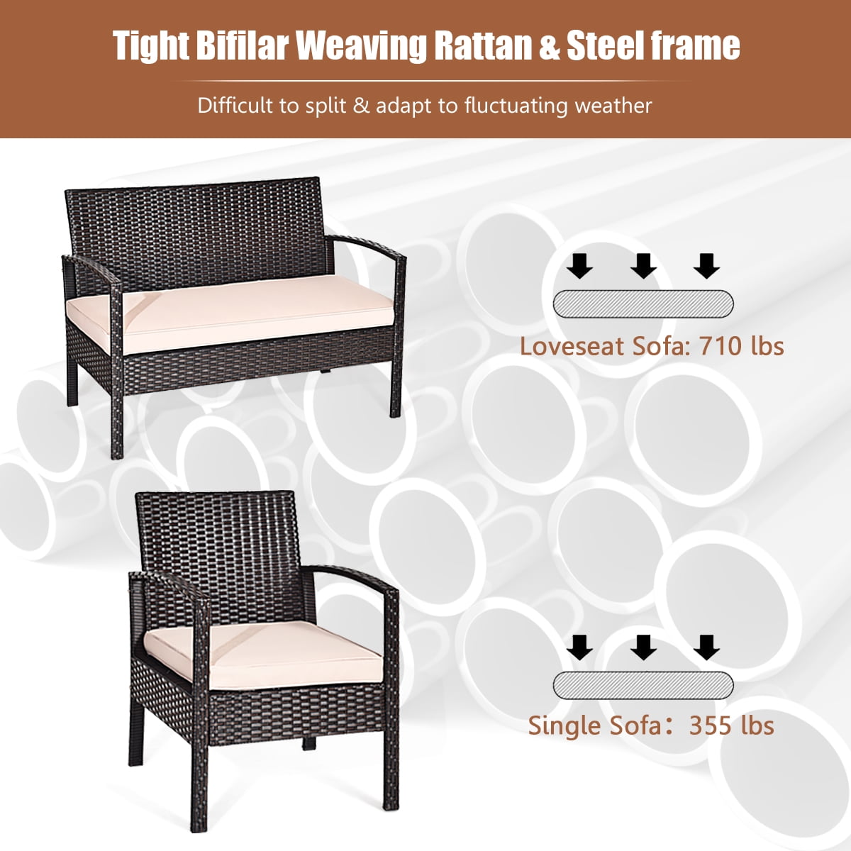 Costway 4-Piece Patio Rattan Conversation Furniture Set with Cushions and Glass Table (Brown, 4-Piece Set) y3b9y