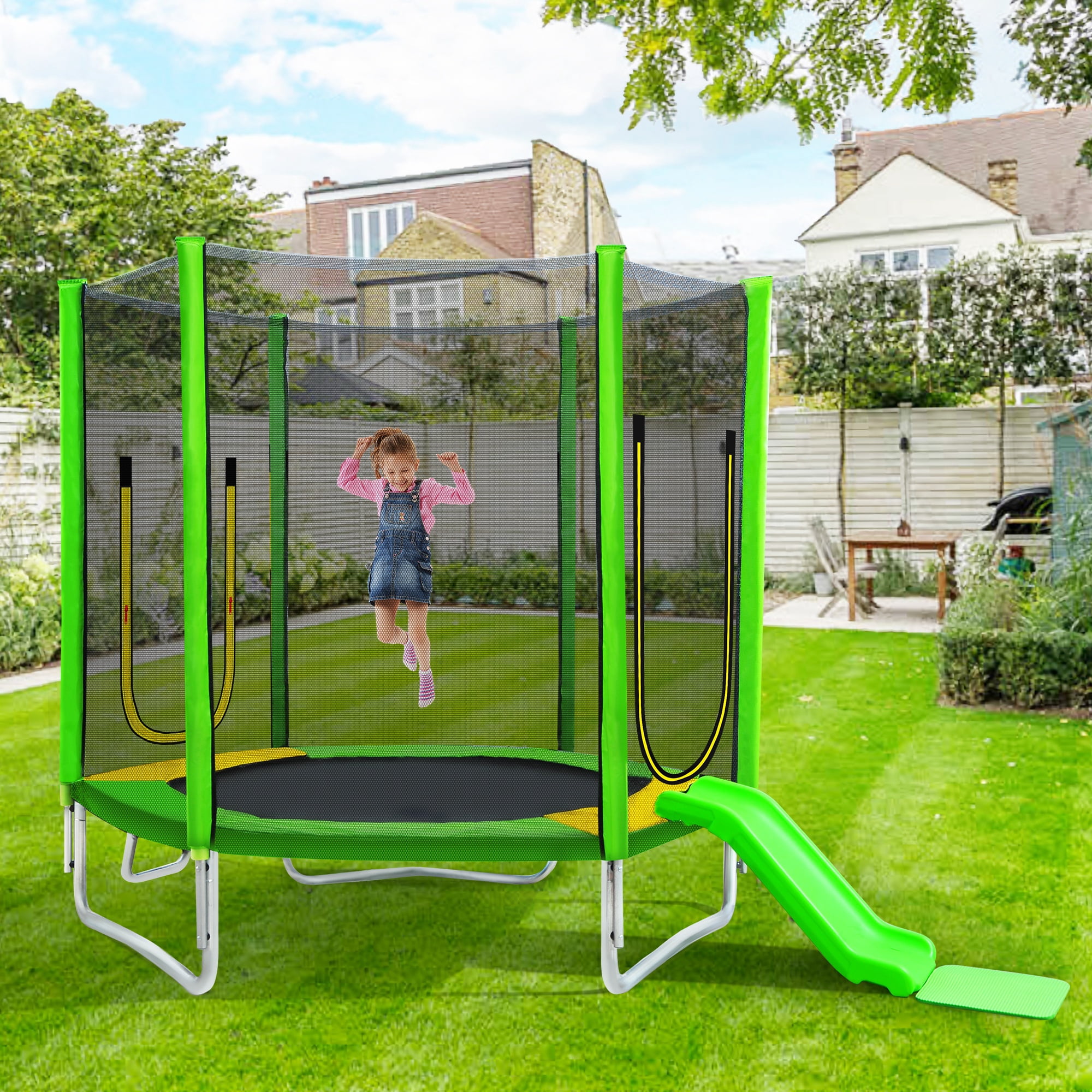 CASEMIOL 7ft Kids Trampoline with Safety Enclosure Net, Slide, and Ladder (Green, 7ft) xeexk