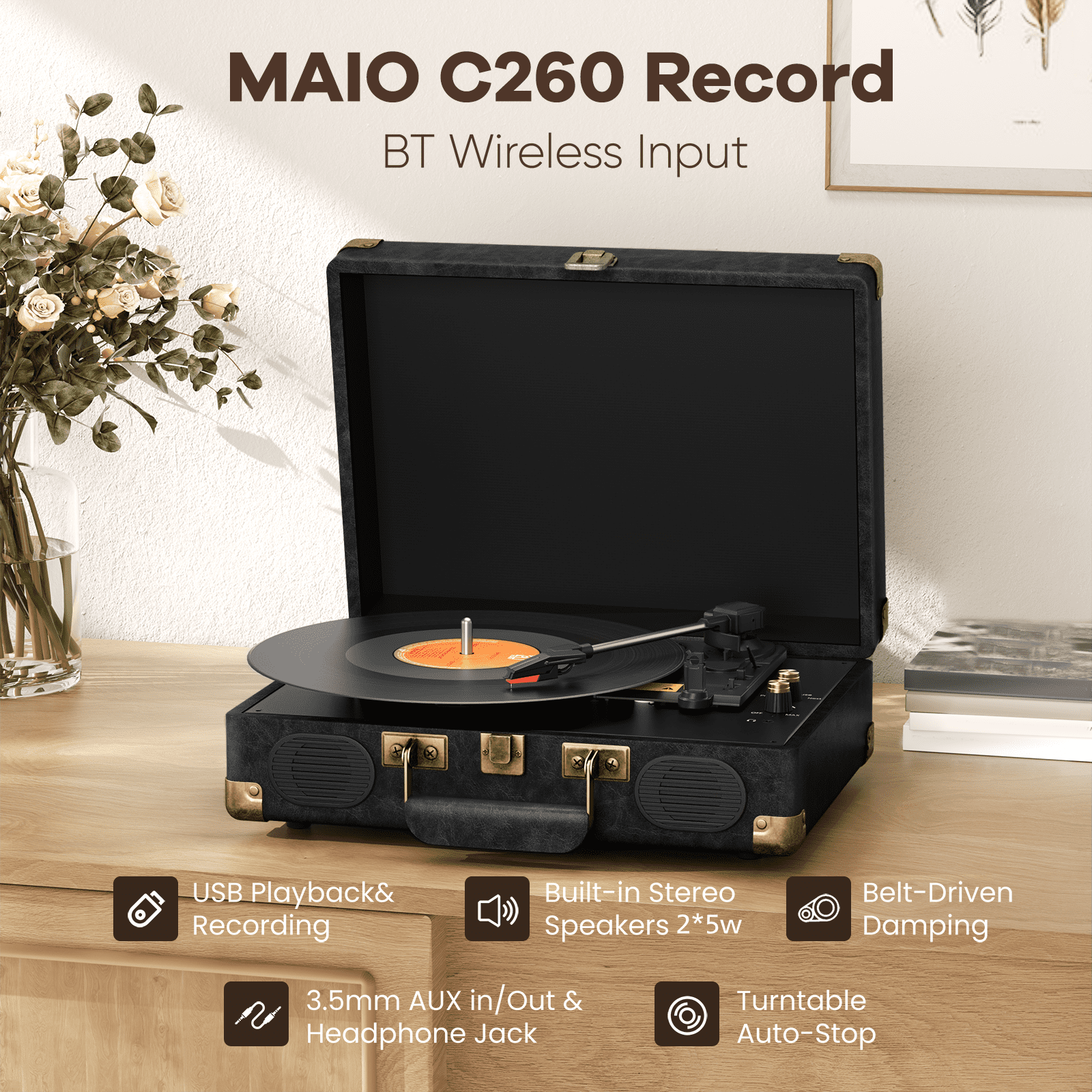 MAIO C260 Vintage Vinyl Record Player, 3-Speed Belt-Driven Turntable with Built-in Stereo Speakers (Black) 00rq2