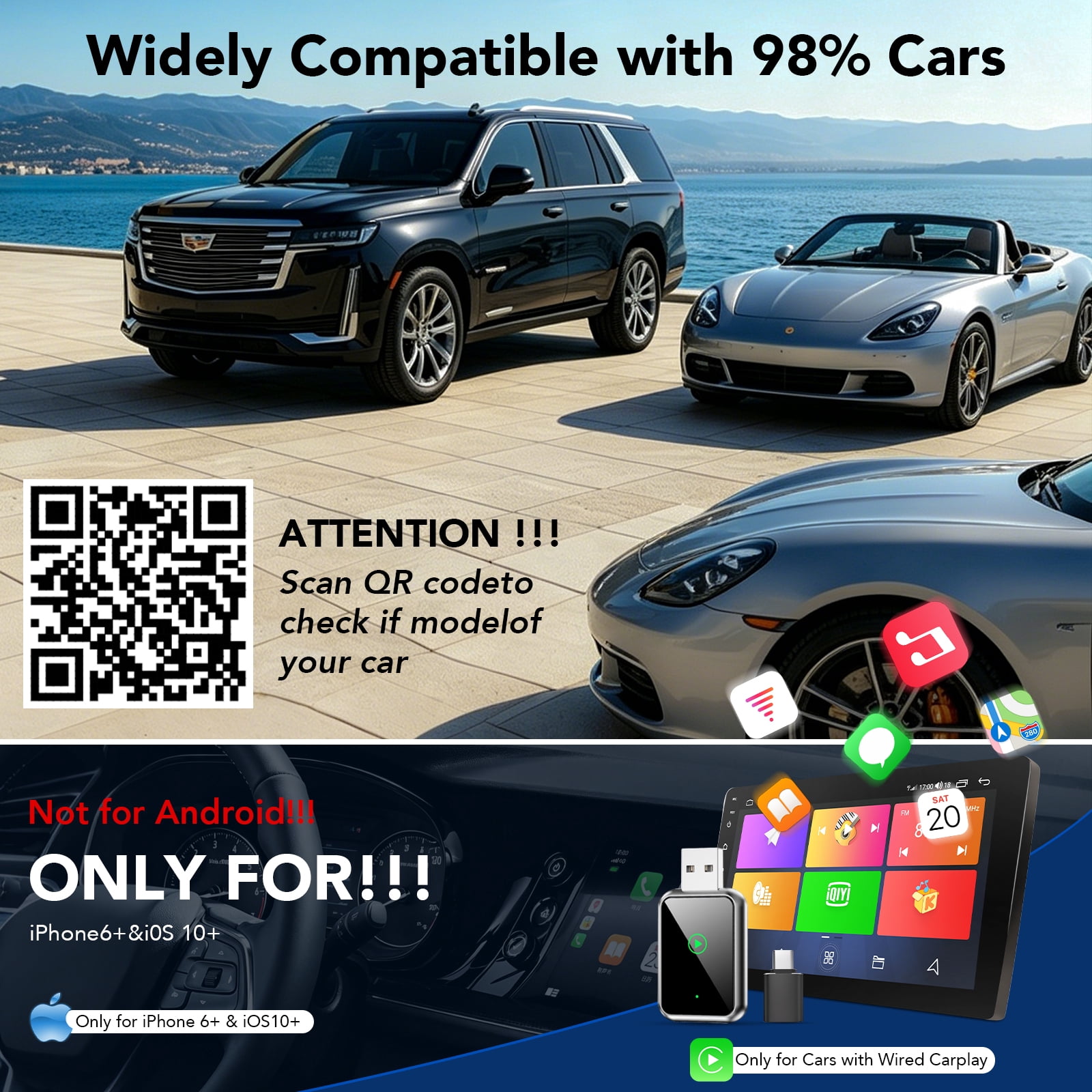 SUPBS Wireless CarPlay Adapter for iPhone, Wired to Wireless Converter Dongle (Black, 1 Pack) acfon