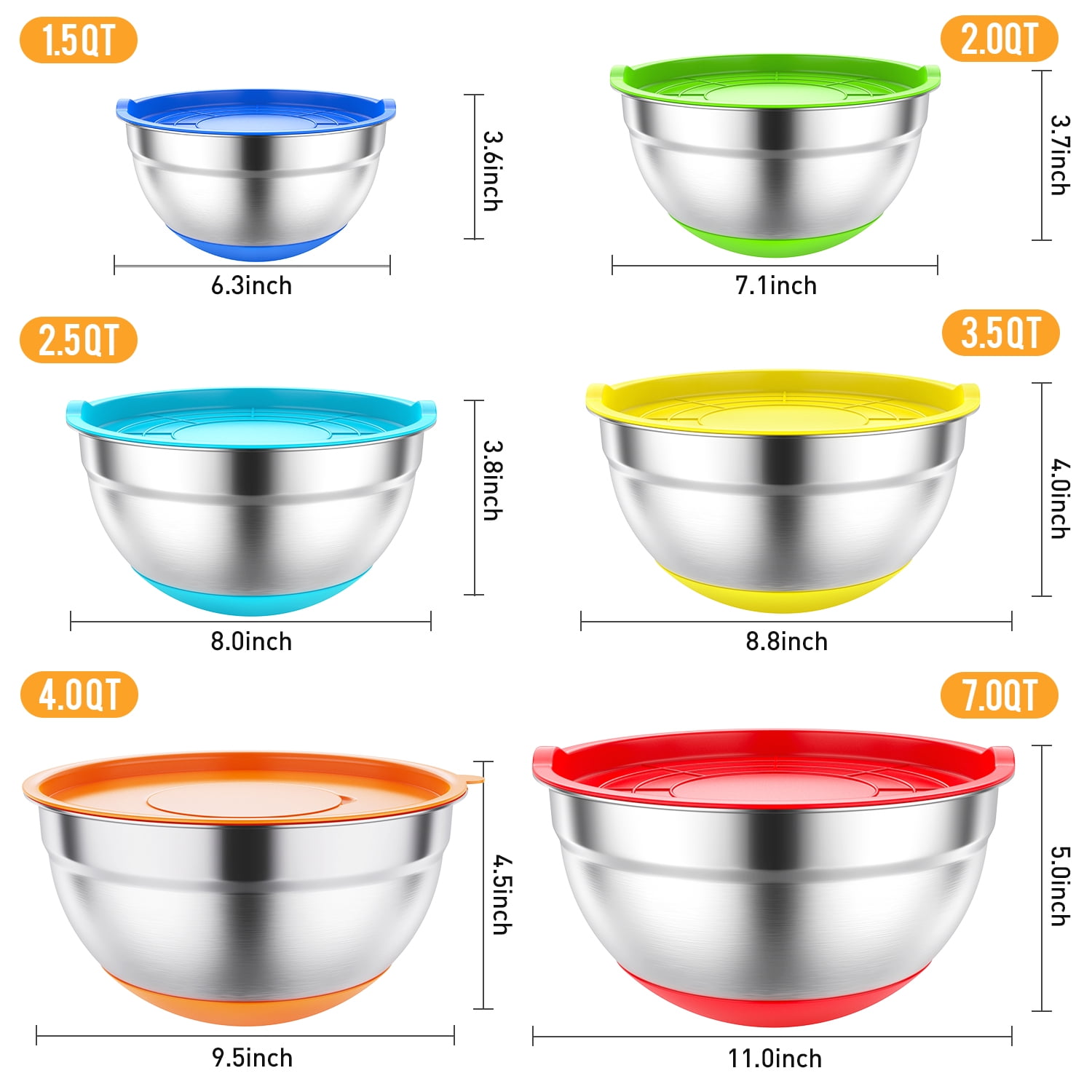 TINANA 26-Piece Stainless Steel Mixing Bowl Set with Lids and Kitchen Gadgets (Multicolor, 1.5 to 7 QT) tv1sf