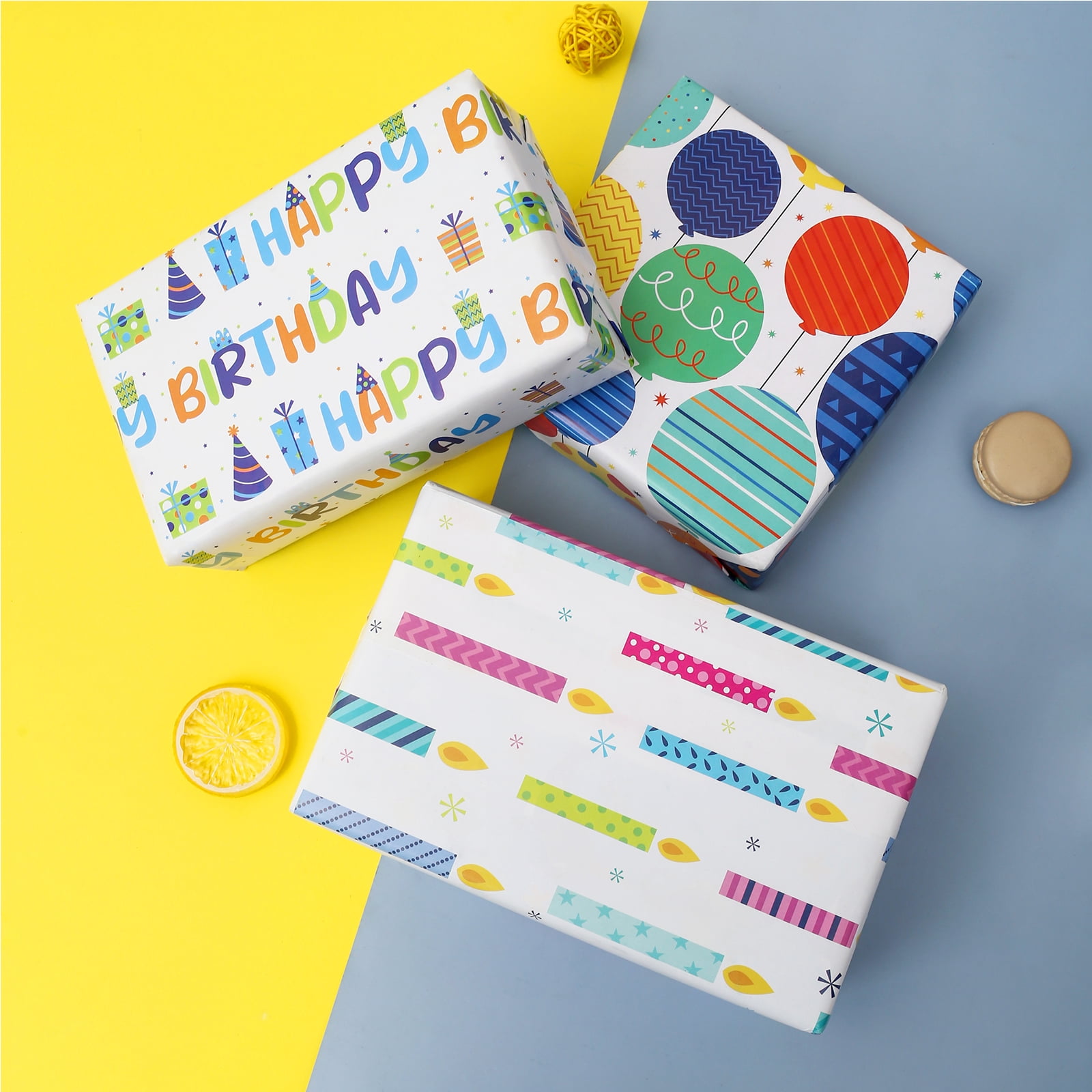 AUCLAY Birthday Gift Wrapping Paper, Festive Balloons and Candles Design (3-Sheet Pack, 27 in x 39.4 in) ofb7z