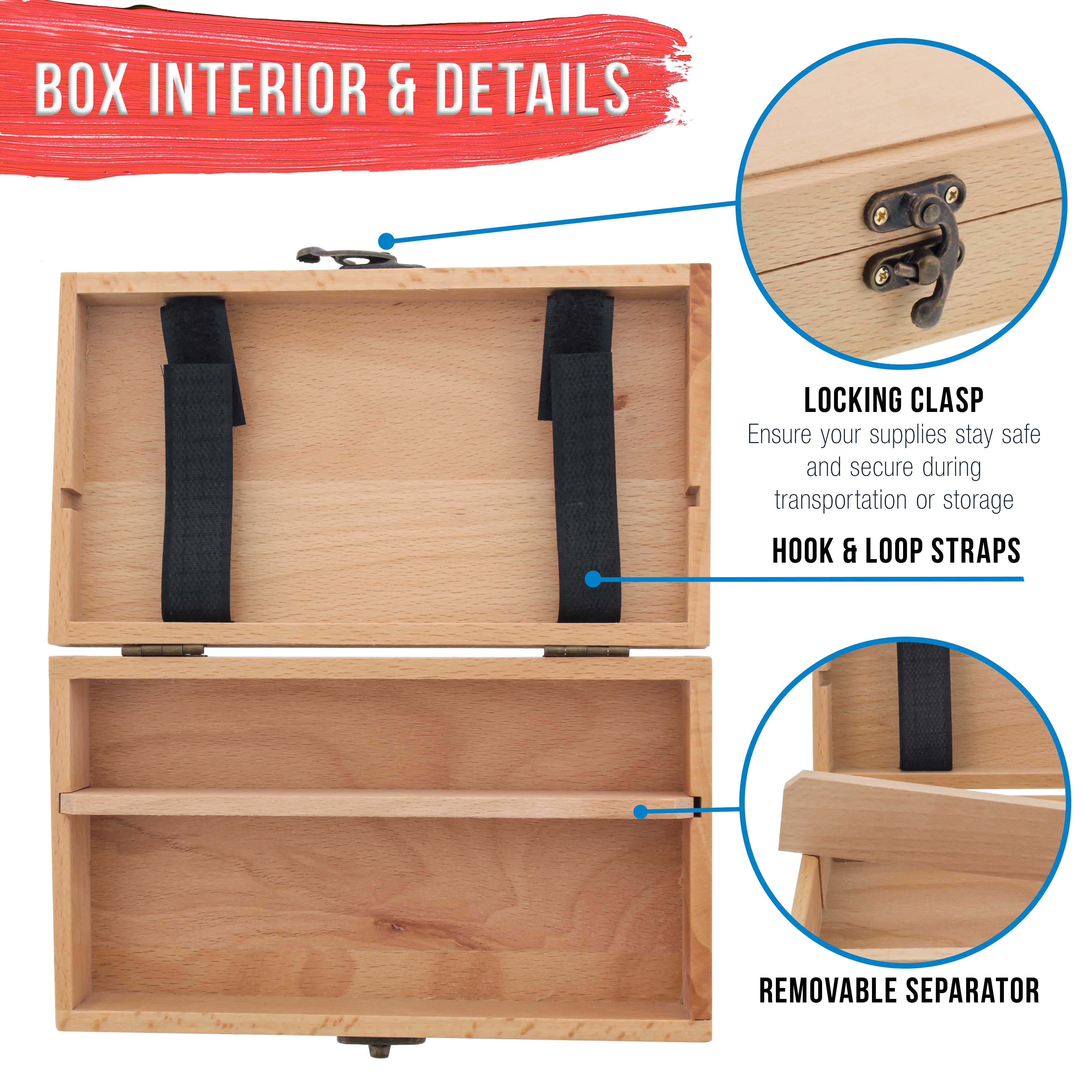U.S. Art Supply Artist Tool and Brush Storage Box, Durable Beechwood Organizer with Locking Clasps (Beige, 8 in x 4.5 in x 2 in) bmf92