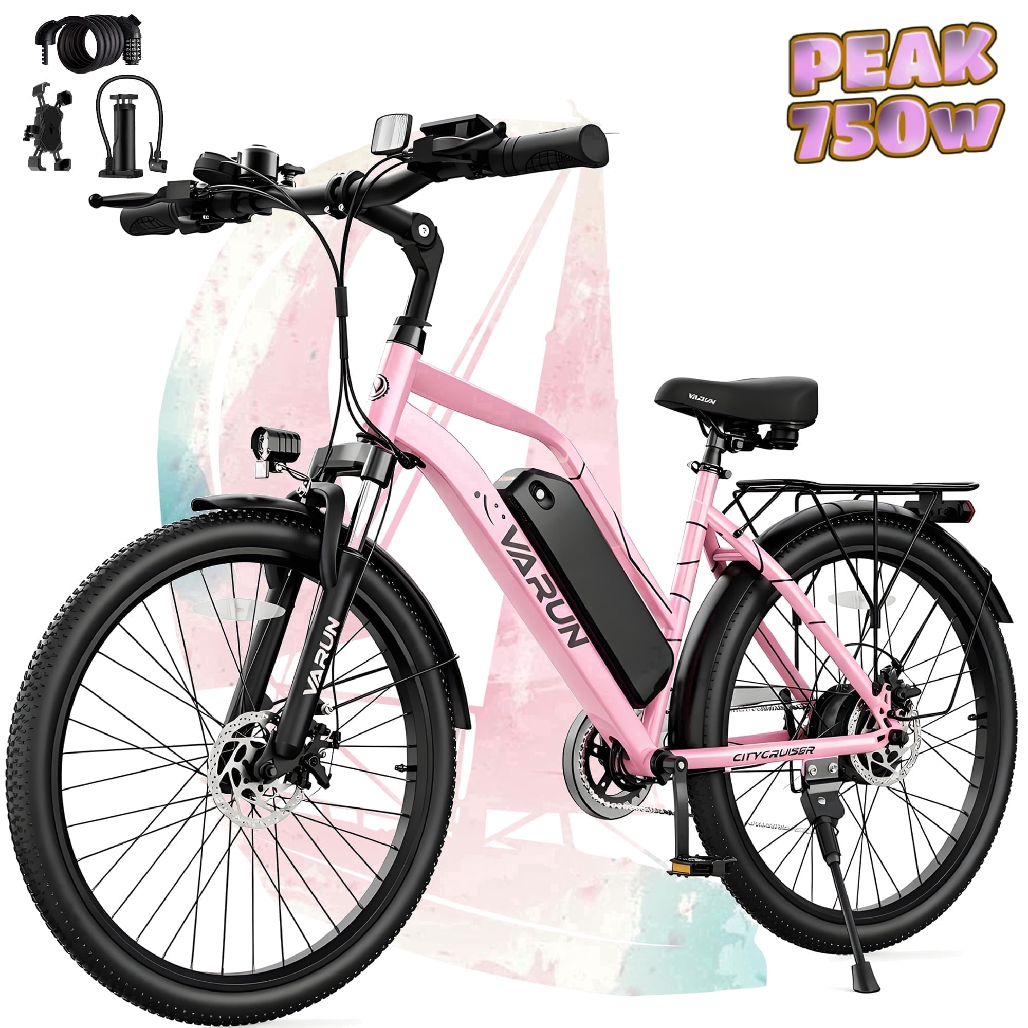 Generic Electric Bike 26-inch Adult E-Bike with 750W Motor, 48V Removable Battery, 7-Speed Gears, UL2849 Certified (Pink, 26 in) szew6