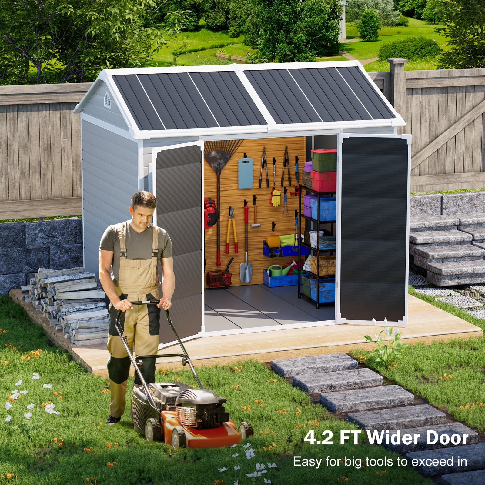 JULY'S SONG Outdoor Storage Shed with Floor, Weather-Resistant Resin Garden Tool House with Lockable Door and Windows (Grey, 8x6 ft) liaf2