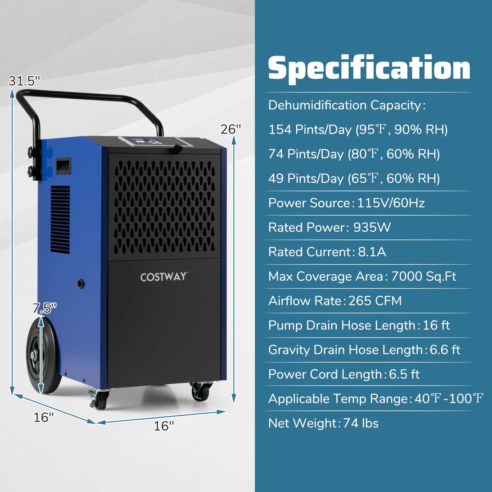 Costway Commercial Dehumidifier with Pump and Drain Hose for Basements and Job Sites (Blue, 49-Pint DOE) jwluo