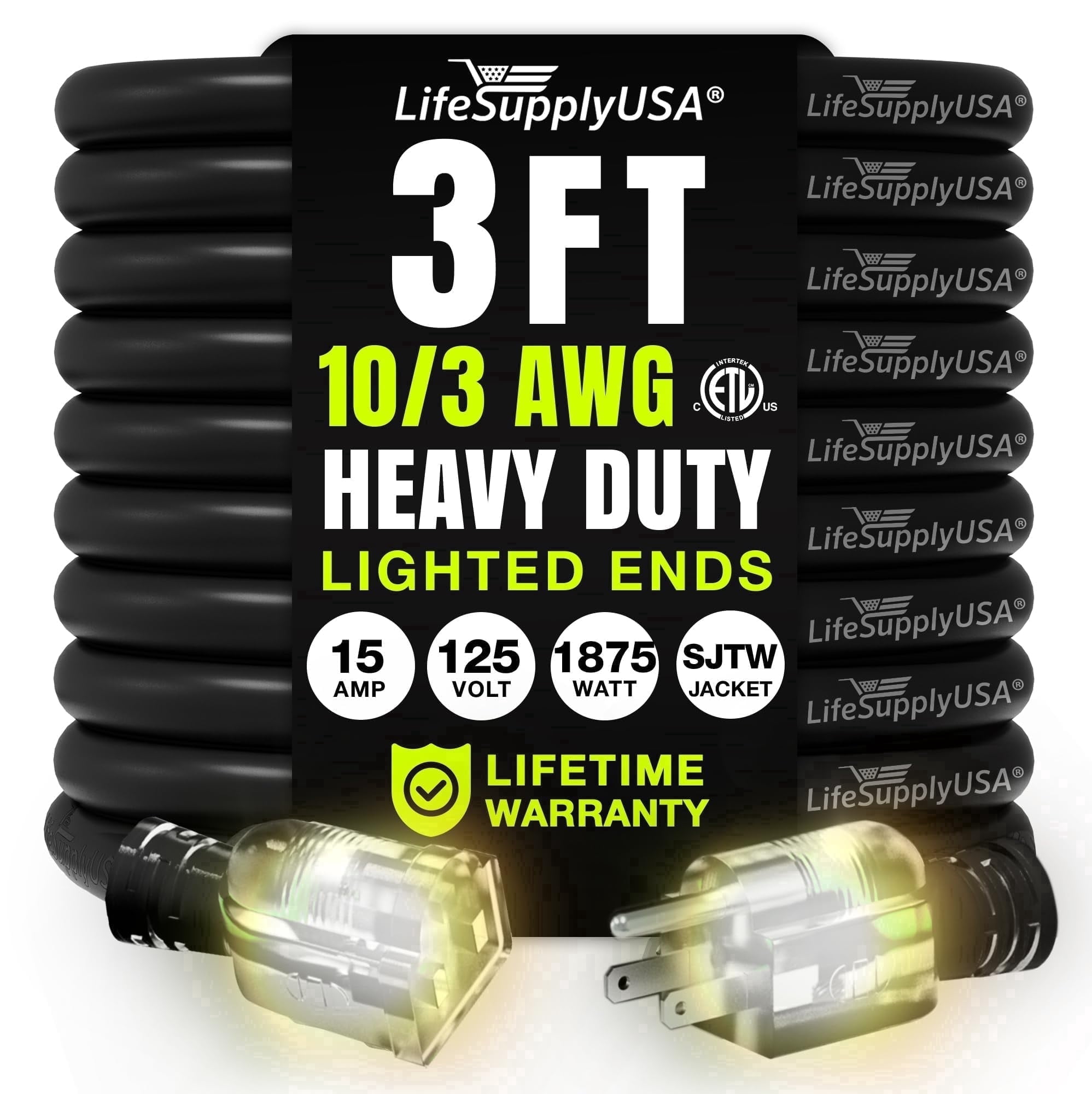 LifeSupplyUSA Heavy-Duty Waterproof Power Extension Cord (Black, 100 ft) j5q1d