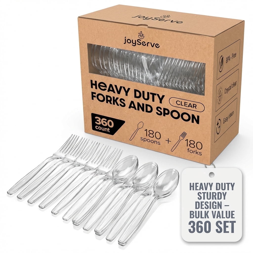 JoyServe Disposable Plastic Utensils Set, Heavy-Duty Forks and Spoons for Catering and Parties (Clear, 360 Pack) wfojf