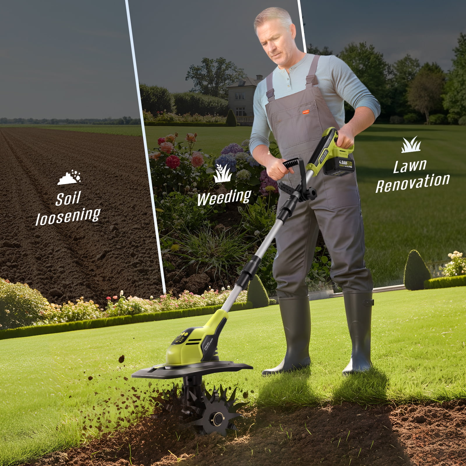 Revvstark 20V Cordless Electric Garden Tiller Cultivator, High-Torque Rototiller with (2) 4.0Ah Batteries and Fast Charger (8.9 in Width, 6.8 in Depth) nzjcp
