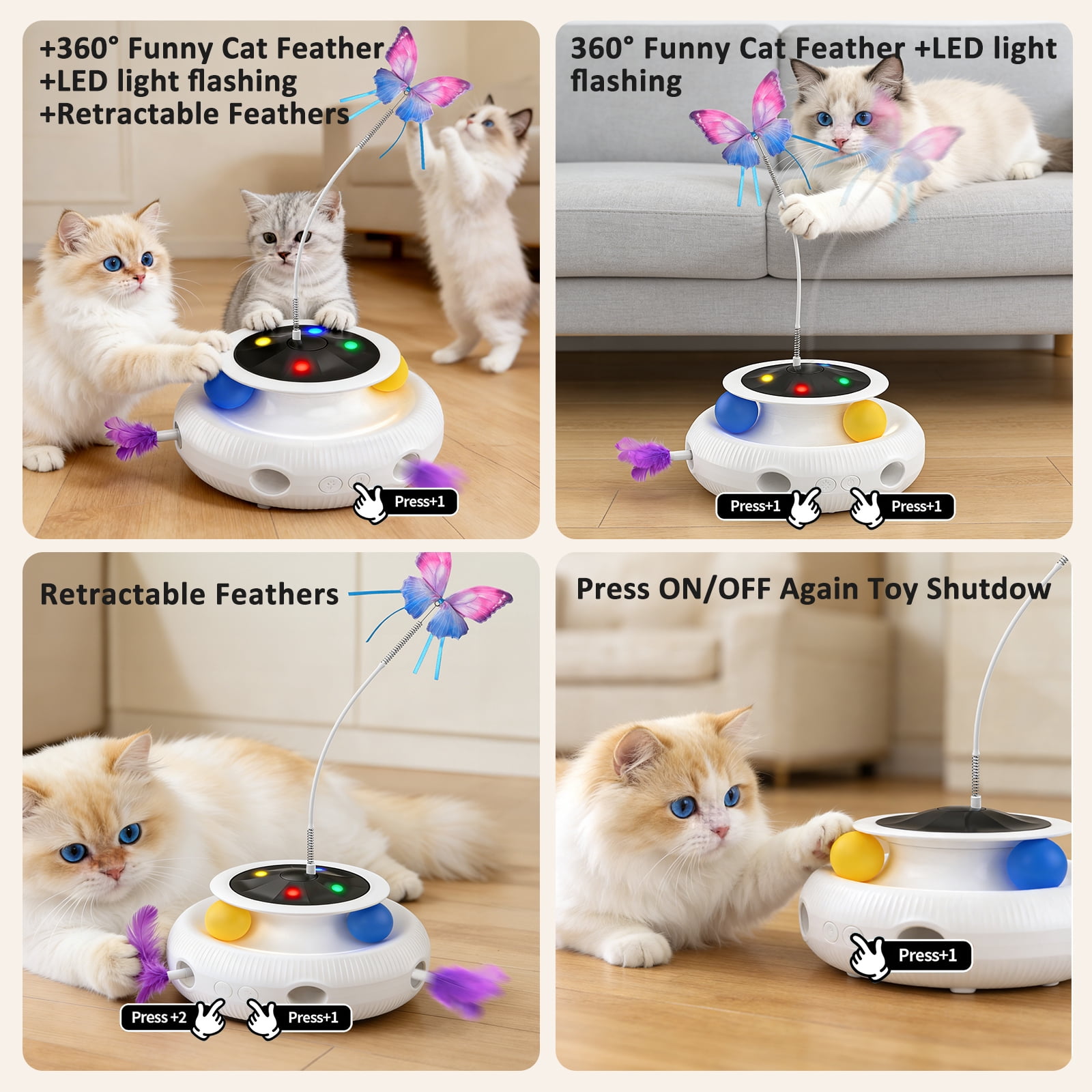 Cornmi 3-in-1 Interactive Cat Toy, Smart Feather Wand with USB Rechargeable Base (White) ggylw