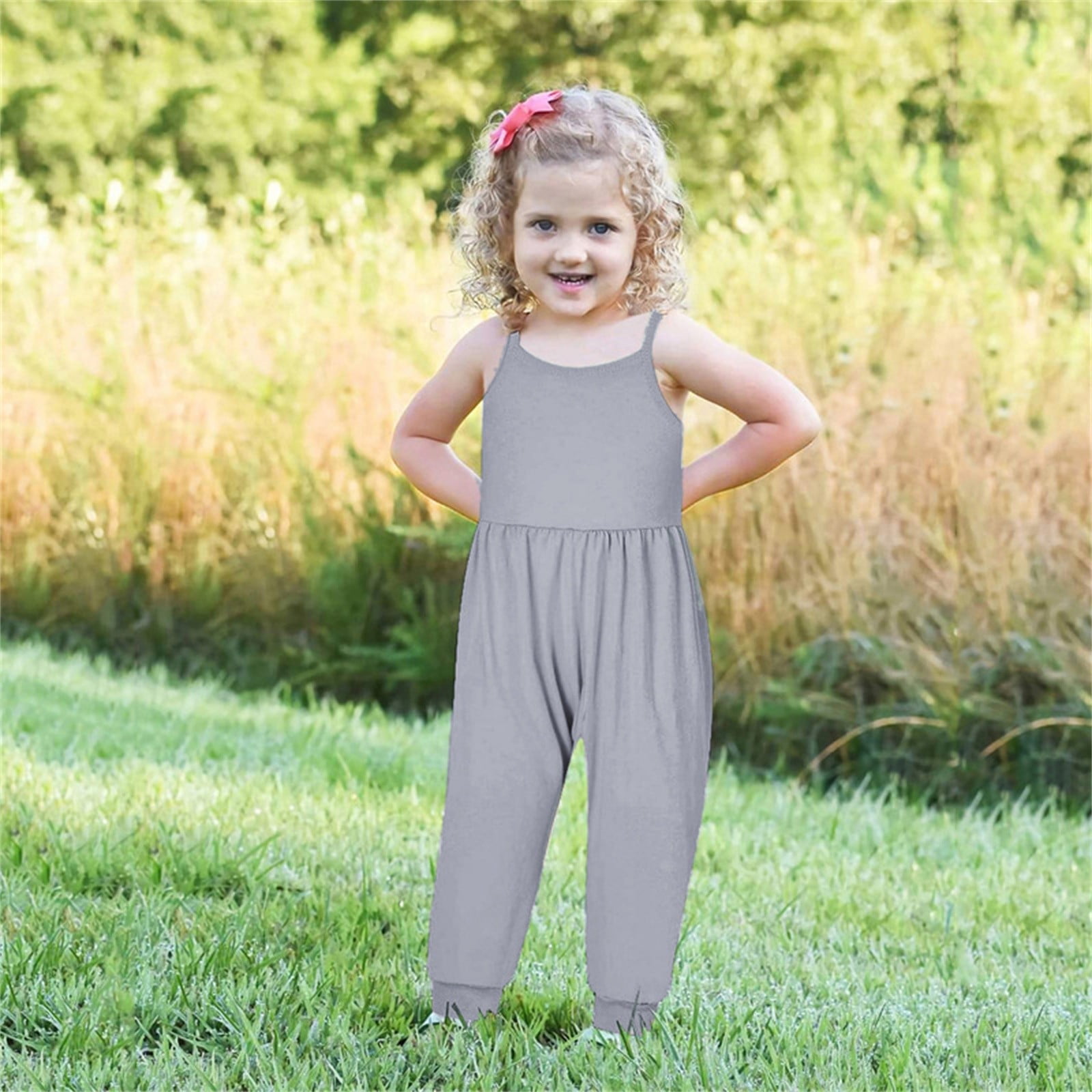 NOKIO Toddler Girl Sleeveless Jumpsuit, Summer Solid Strap Harem Romper (Grey, 5T) wdguk