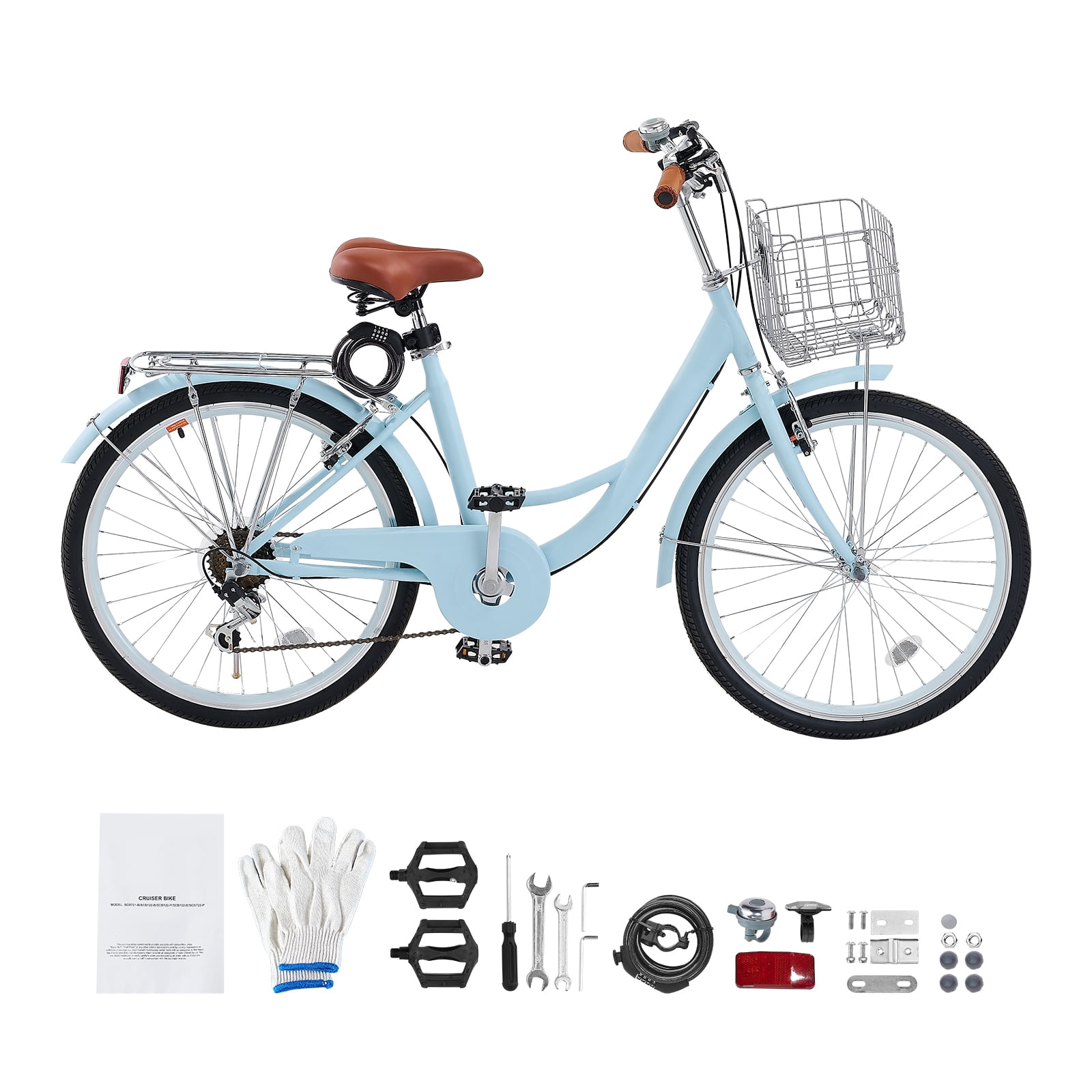 KFFKFF 26 in Cruiser Bike, 7-Speed Coastal Bicycle with Basket and Rear Rack (Pale Blue, 26 in) pbm3a