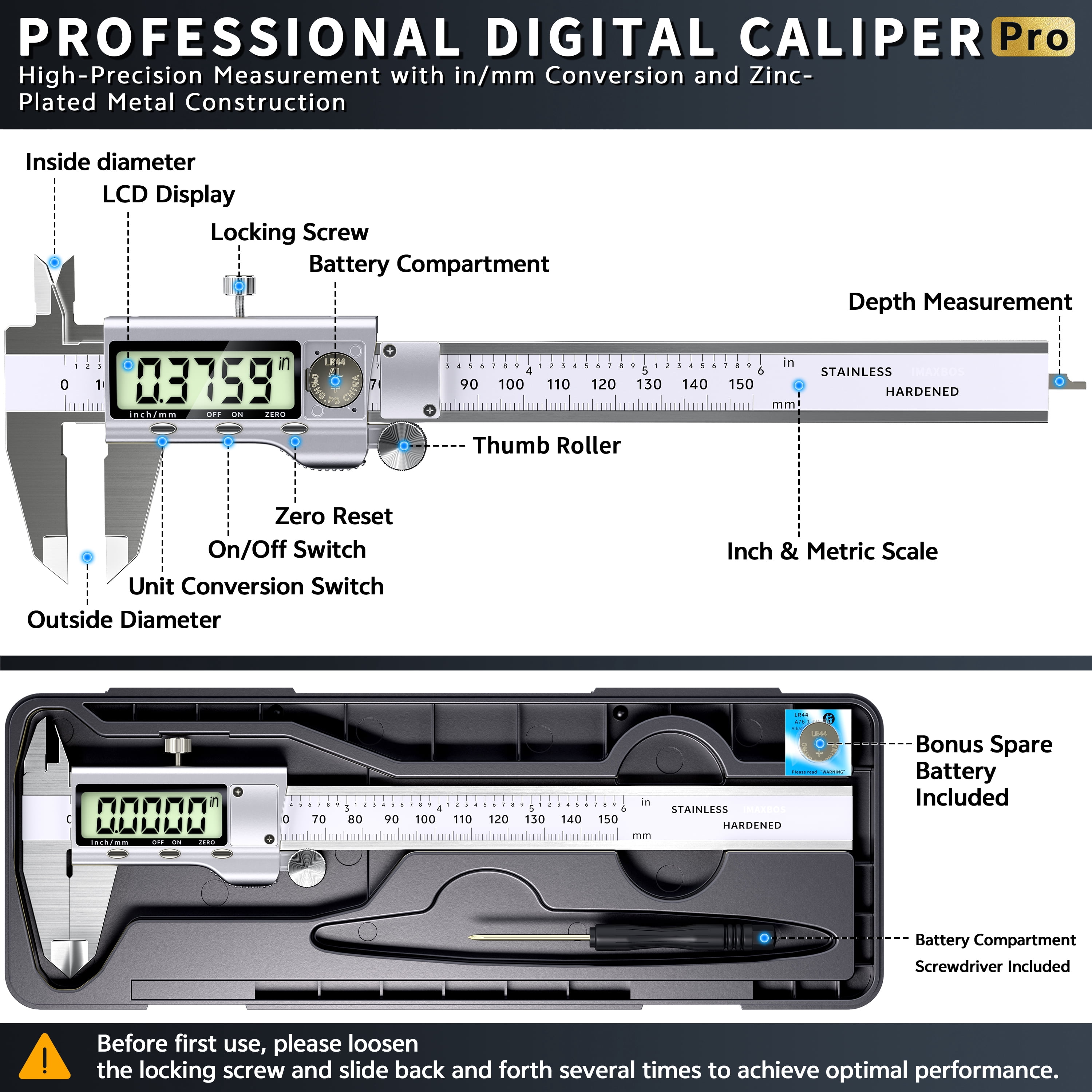 IMAXBOS 6-Inch Digital Caliper, Professional Stainless Steel Vernier Tool with LCD Display (Silver, 6 in) zwyc5