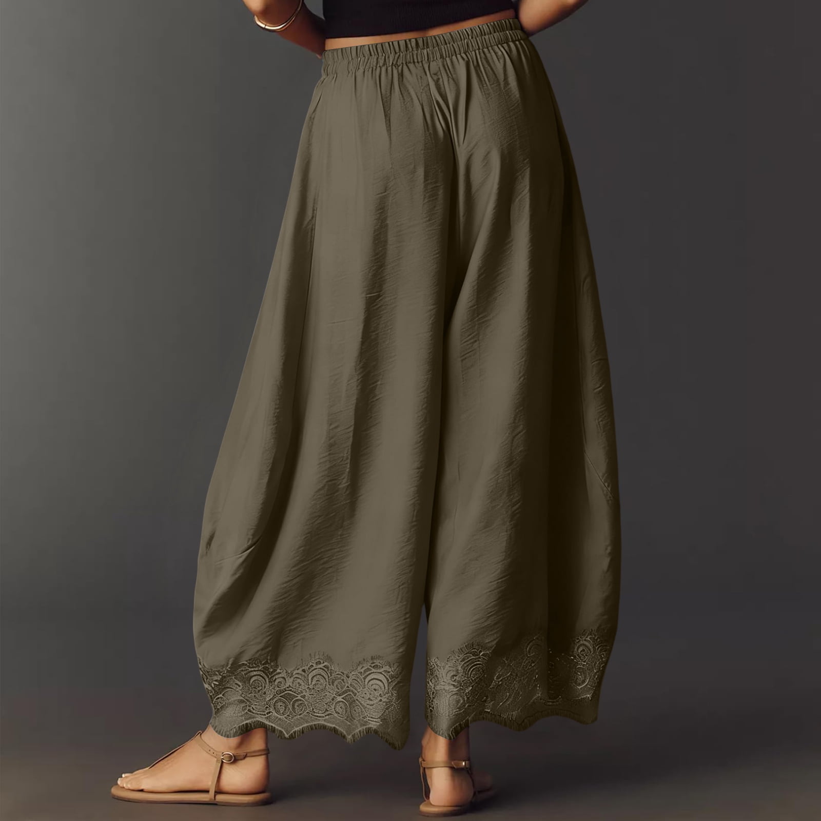 YOUNGEE Women's High Waisted Wide Leg Cropped Pants with Lace Hem and Pockets (Army Green, XL) gtg3o