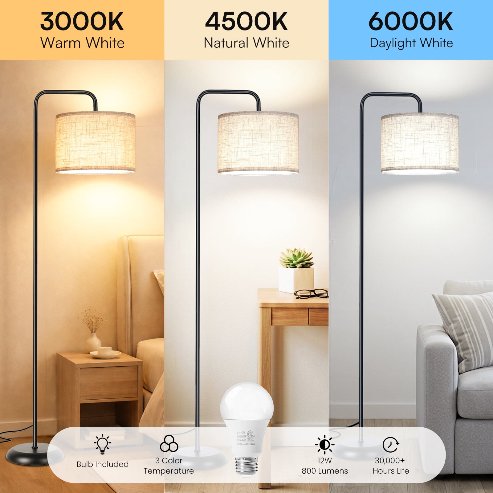 DAYBETTER Modern Curved Floor Lamp, Adjustable Color Temperature LED Standing Light with Foot Switch (White, 12W) 2ludf