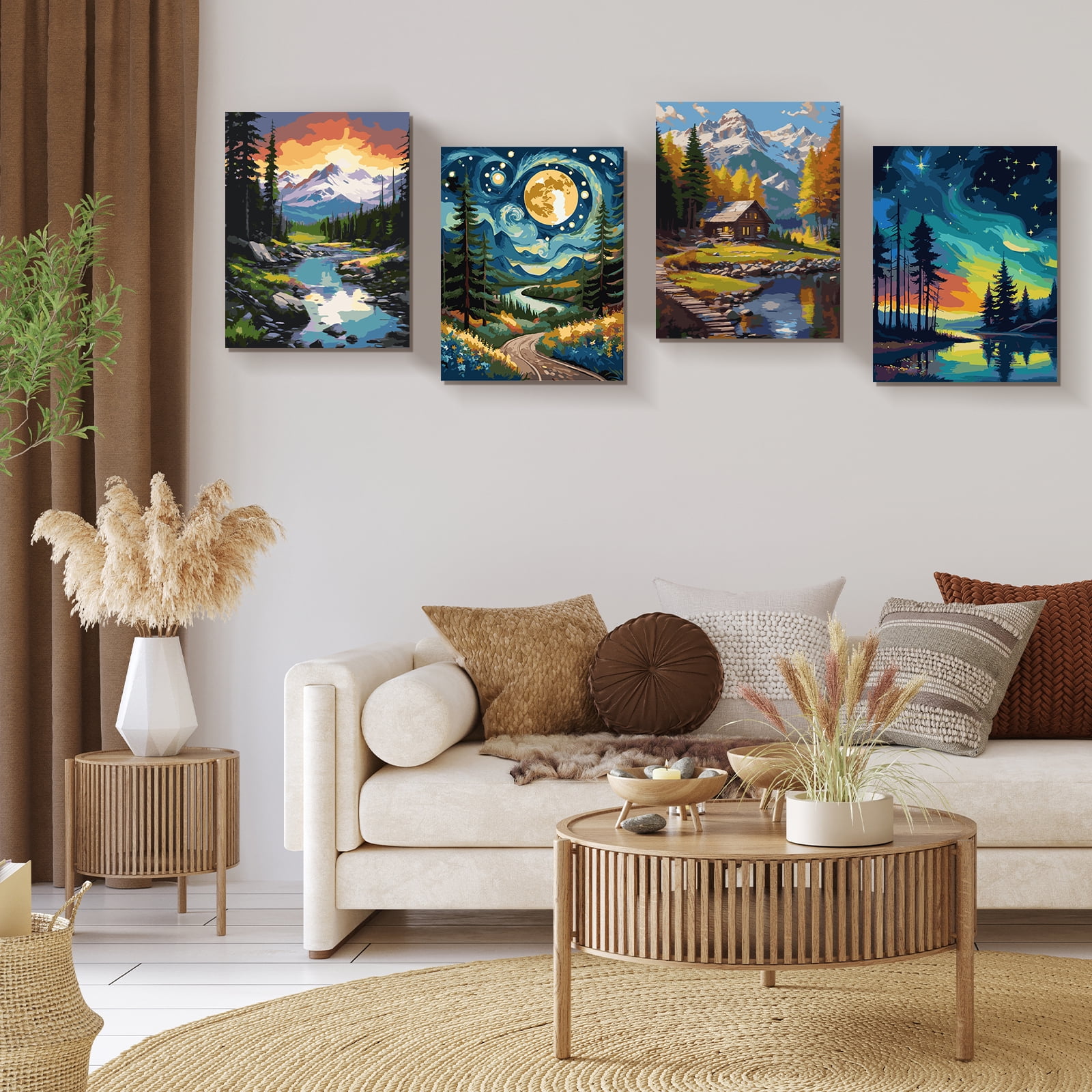 Qoosea Paint by Numbers Kit for Adults with Frame and Wooden Easel, DIY Landscape Art Set (4 Pack, 11.8 in x 9.4 in) wa0uo