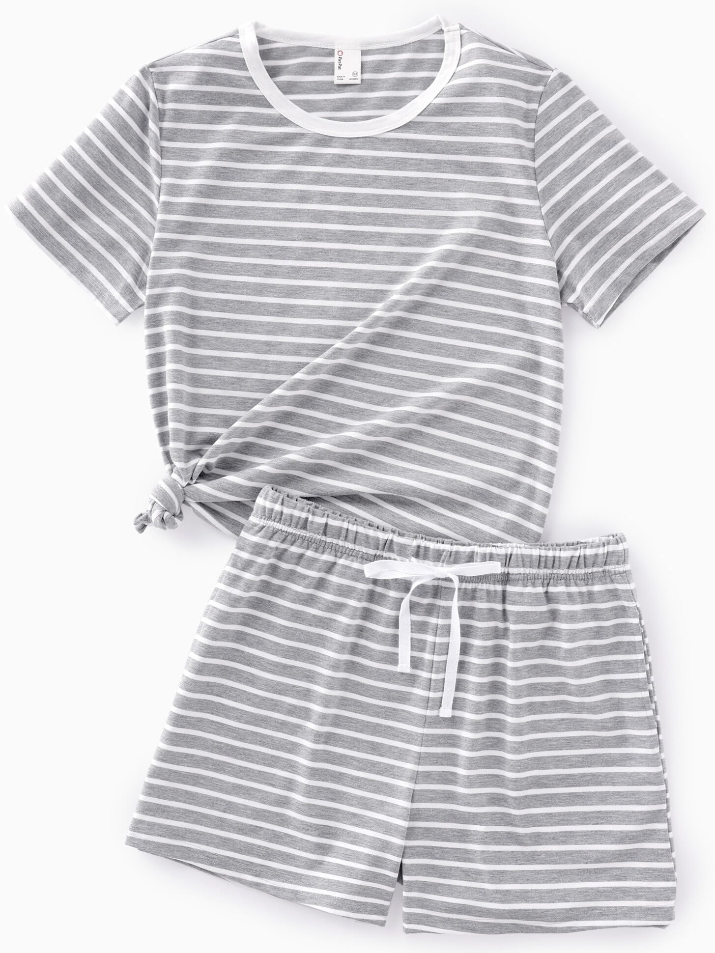 PatPat Womens 2 Piece Lounge Set Short Sleeve Top and Shorts Striped Pajama Outfit (Light Grey, M) 0g3eg