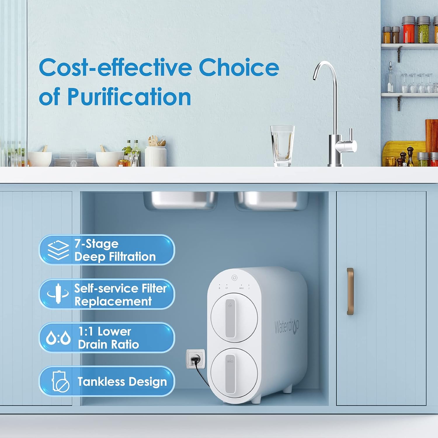 Waterdrop G2 Tankless Reverse Osmosis System, 7-Stage Under Sink Water Filter (400 GPD, 1 Filter) acjzd
