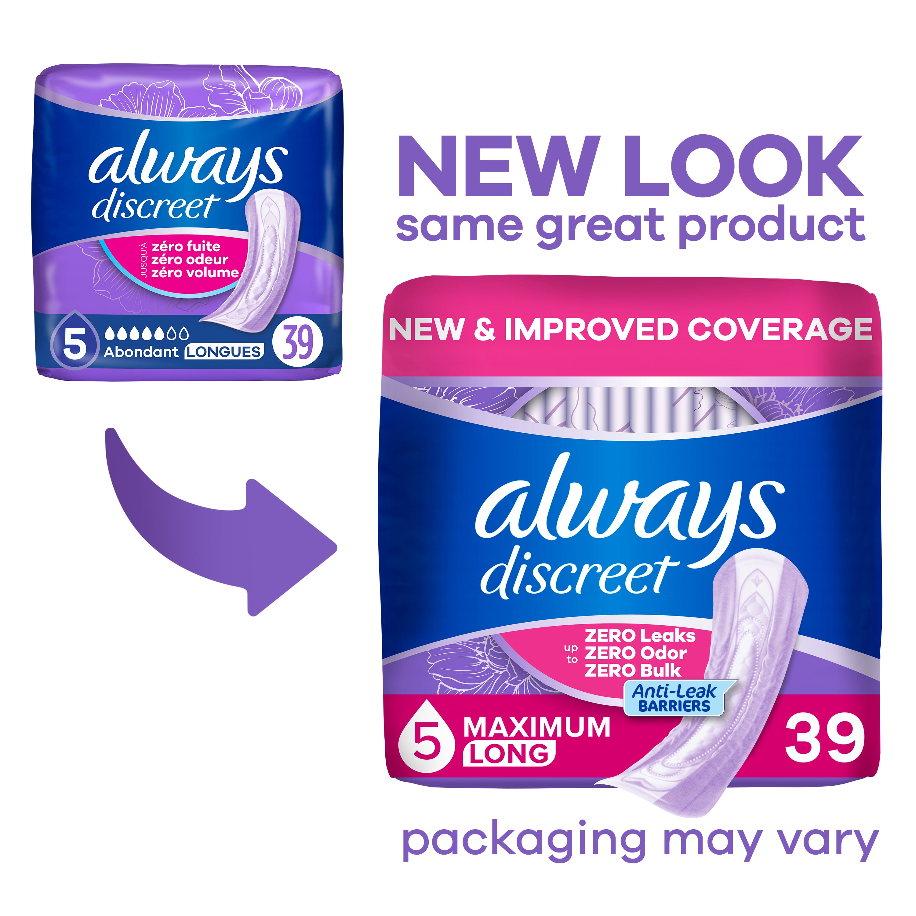 Always Discreet Incontinence Pads for Women, Heavy Absorbency, Long Length, Postpartum Protection (39 Count) 02xd4