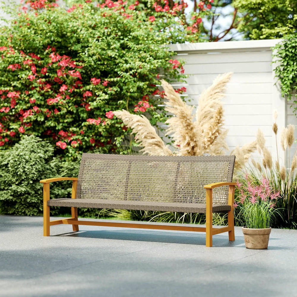 Barara King 3-Seat Outdoor Wicker Sofa, Acacia Wood Patio Couch with Steel Frame (Brown, 75 in) j0tuo