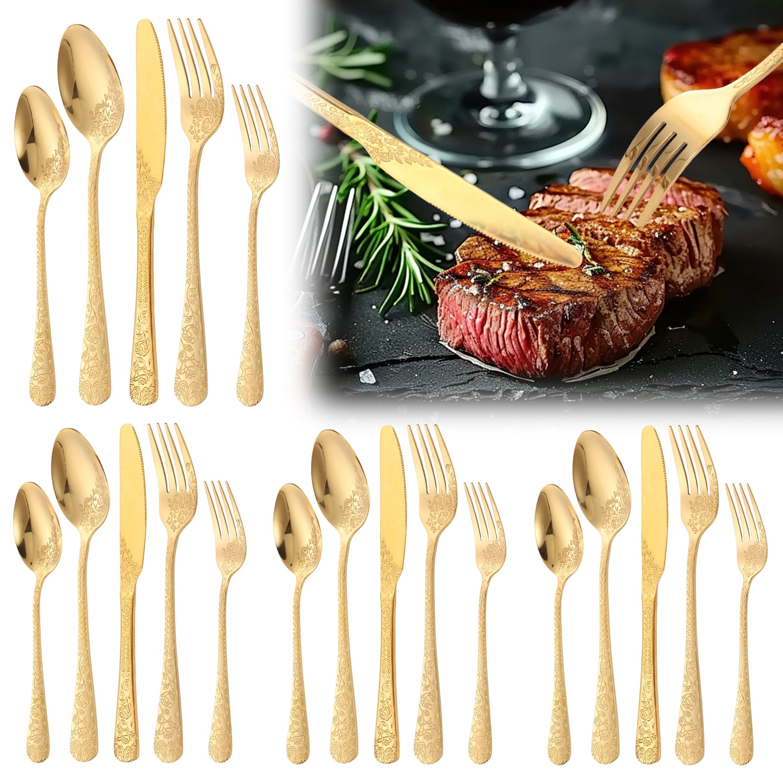 Jetcloudlive 20-Piece Floral Stainless Steel Flatware Set, Vintage Mirror Polished Cutlery for 4 (Gold, 20-Piece) 7d3kh