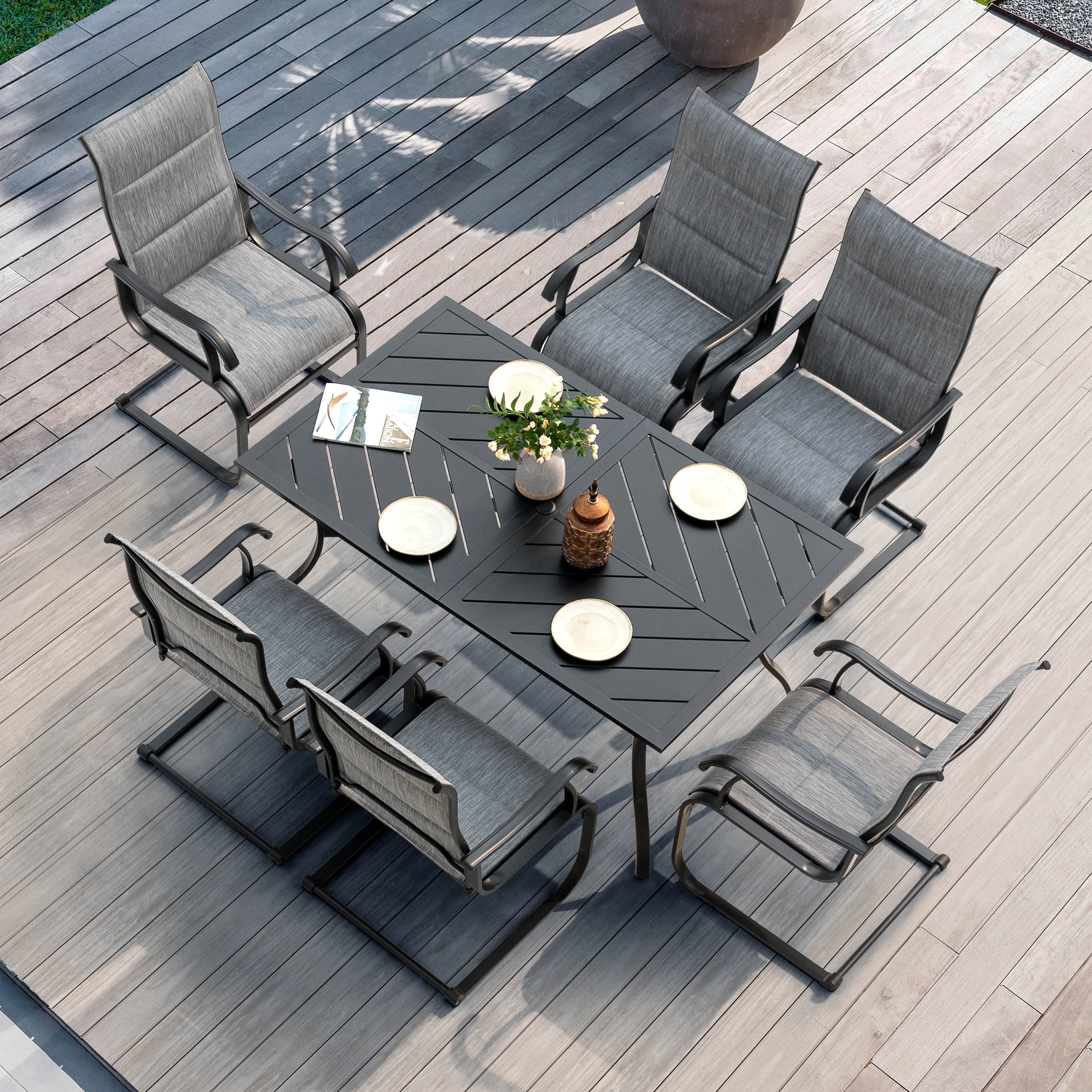 Nuu Garden 7 Piece Outdoor Dining Set, Padded Textilene Patio Chairs and 61 in Rectangular Table with Umbrella Hole (Grey & Black, 7 Piece Set) xlxqj
