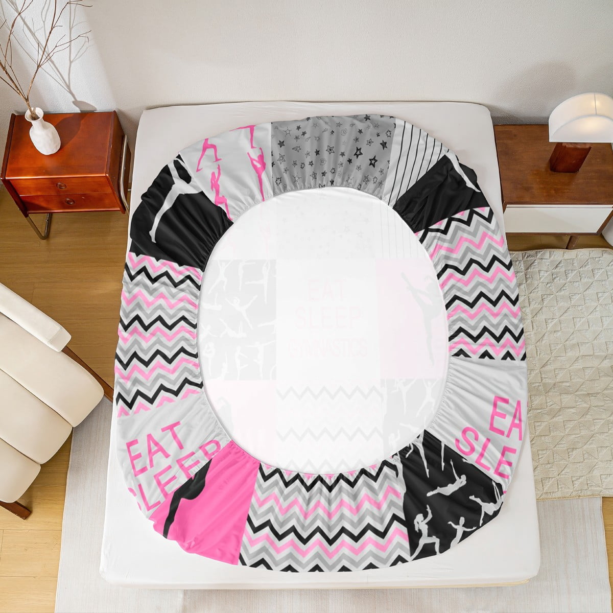 Manfei Sport Theme Twin Sheet Set, Gymnastics Pattern Bedding with Pink Geometric Wave Lines (3-Piece Set, Twin) v0xx2