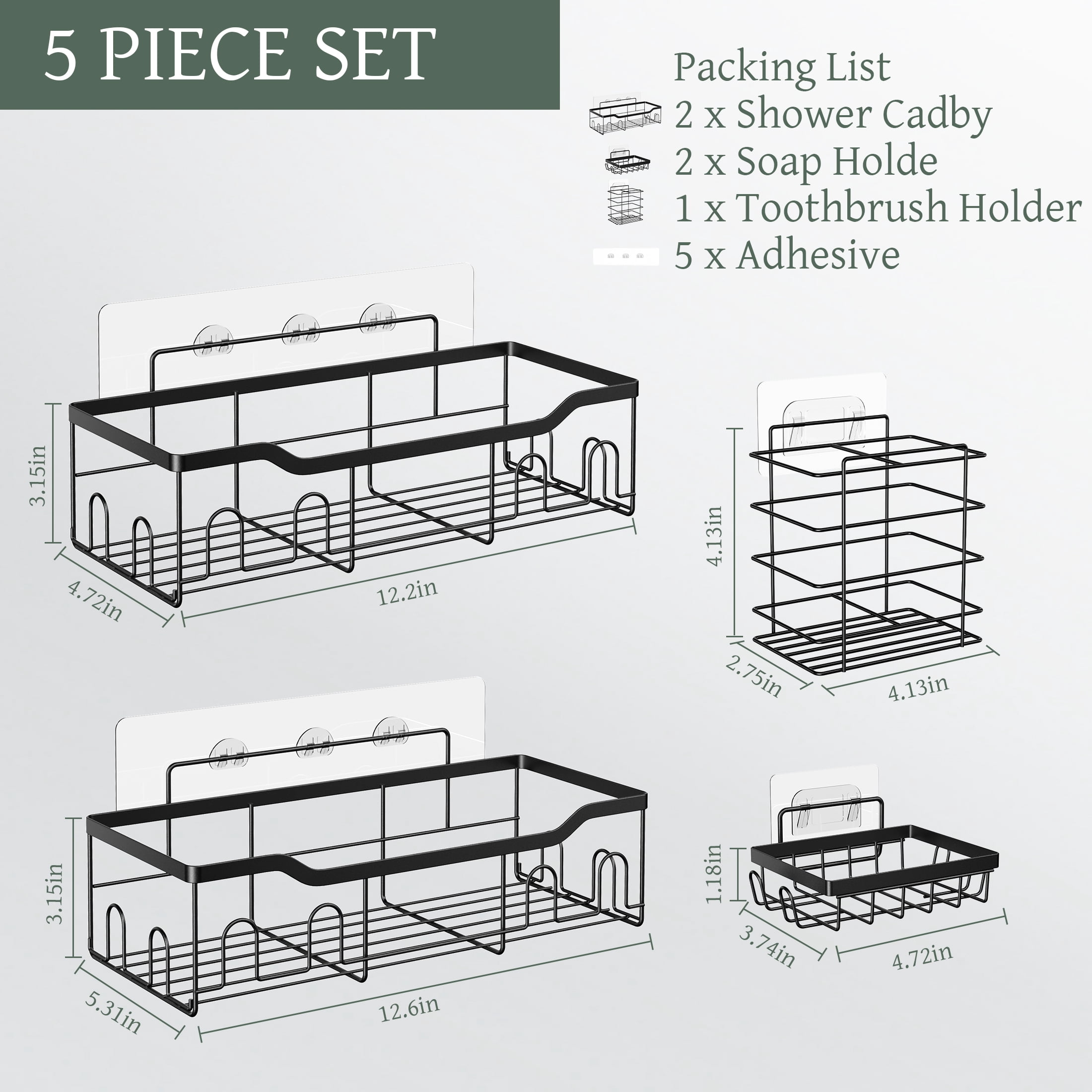 Siaomo Adhesive Shower Caddy Organizer Set, Rustproof Stainless Steel Bathroom Shelves with Hooks (Black, 5 Pack) h1jd6