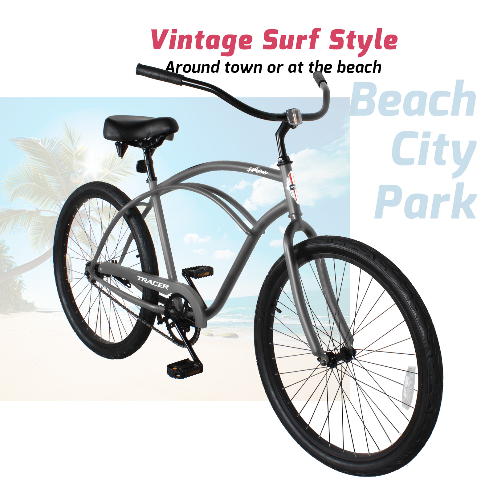 Tracer Bikes 26 in Beach Cruiser Bike, Single Speed, Coaster Brake, Matte Grey (26 in) om15u