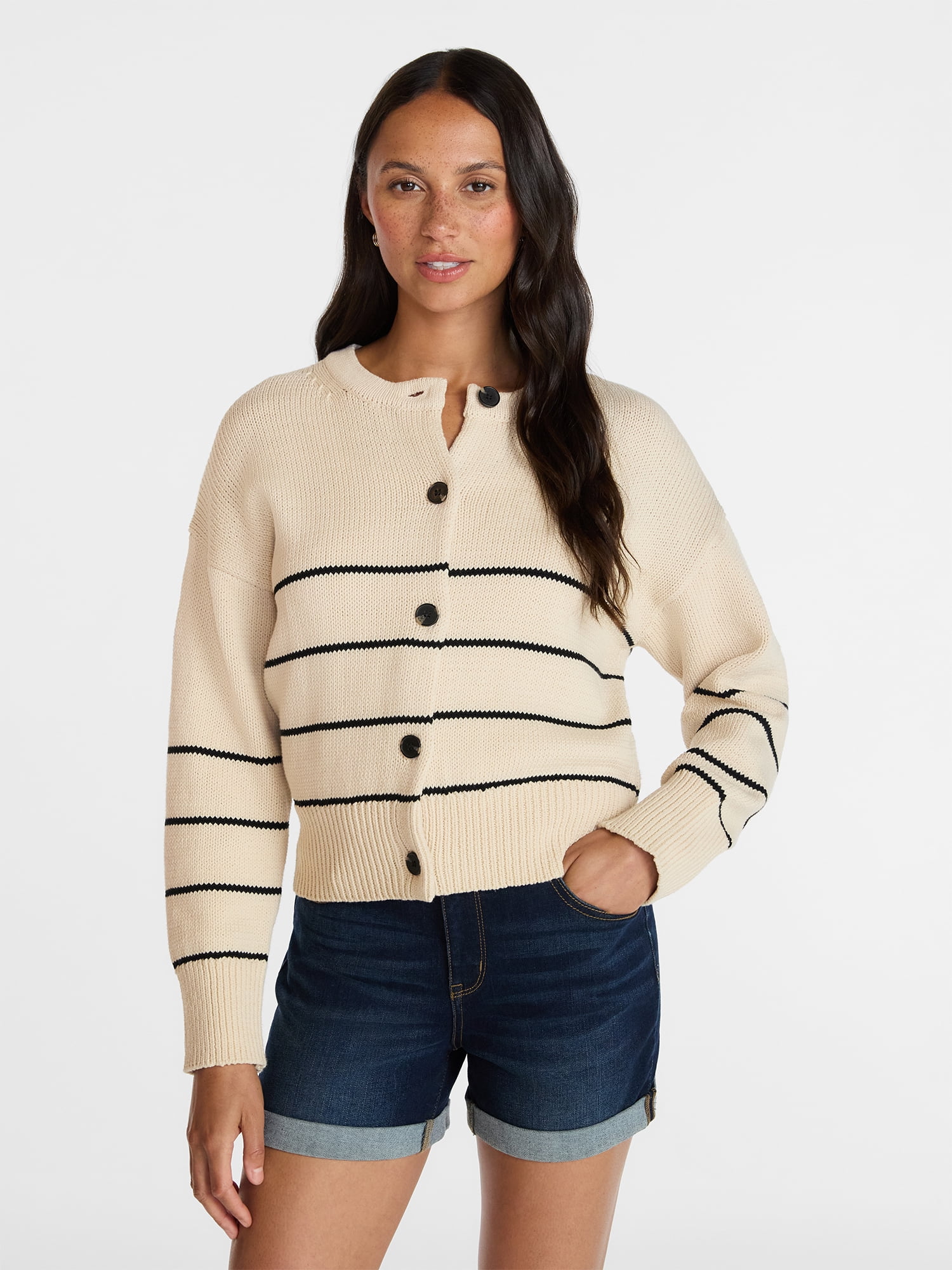 Time and Tru Women's Striped Cardigan Sweater Long Sleeve Crewneck (Beige, XS) rhaya