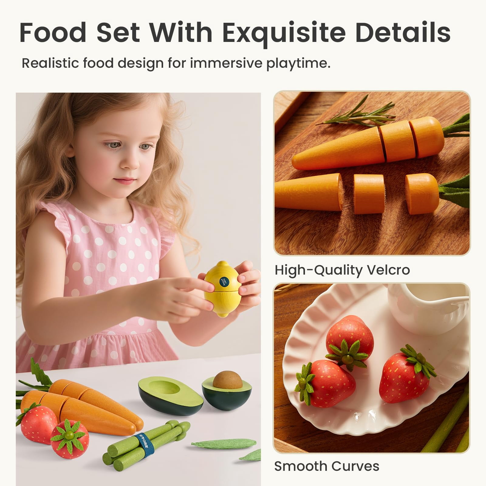 Tiny Land Wooden Fruit & Vegetable Play Set, Pretend Play Kitchen Food Toys for Toddlers (Multi-Color, 15-Piece Set) 64guy