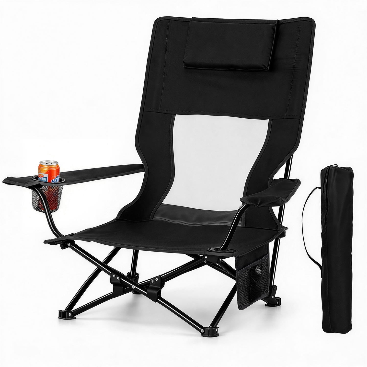 Walchoice Low Beach Chair, Heavy Duty Folding Camping Chair with High Back, Detachable Pillow, and Cup Holder (Black, 30.7 in Wide Seat) appdq