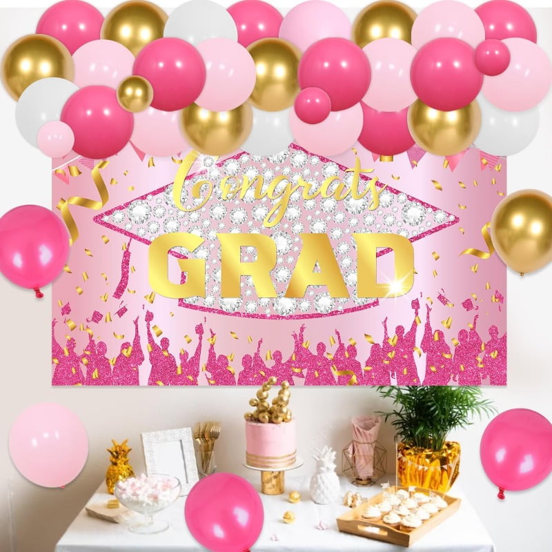 Joymemo 71-Piece Graduation Party Decoration Set, Pink and Gold Balloon Garland Arch Kit with Congrats Grad Backdrop (Pink, 71-Piece Set) tq3ya