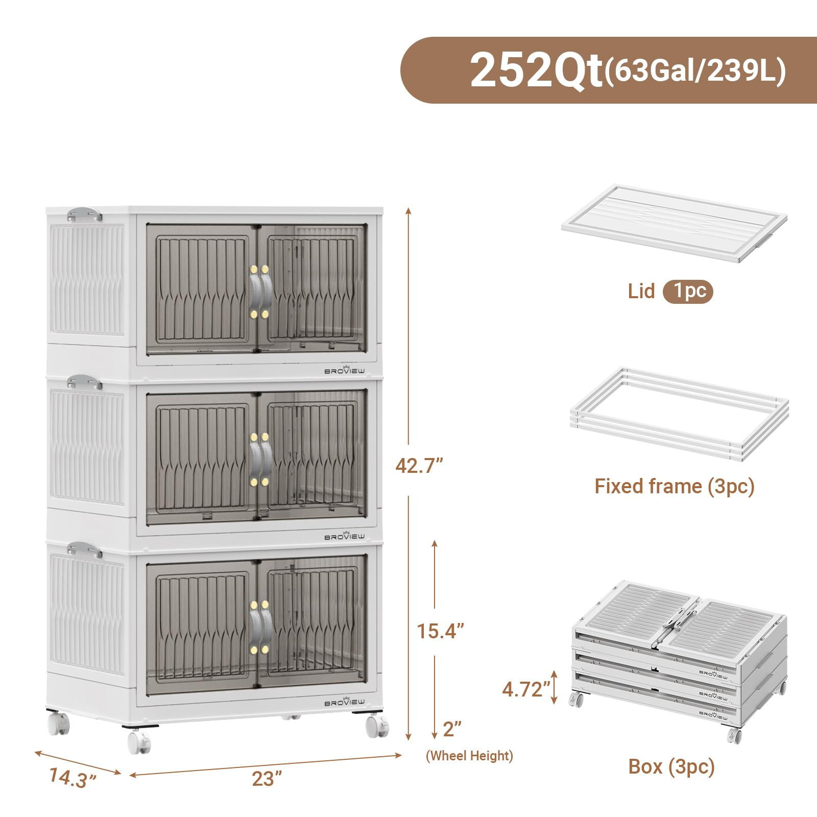 Broview Stackable Storage Bins with Lids and Wheels, Collapsible Plastic Closet Organizers (White, 3 Pack, 240 qt Total) 7haee
