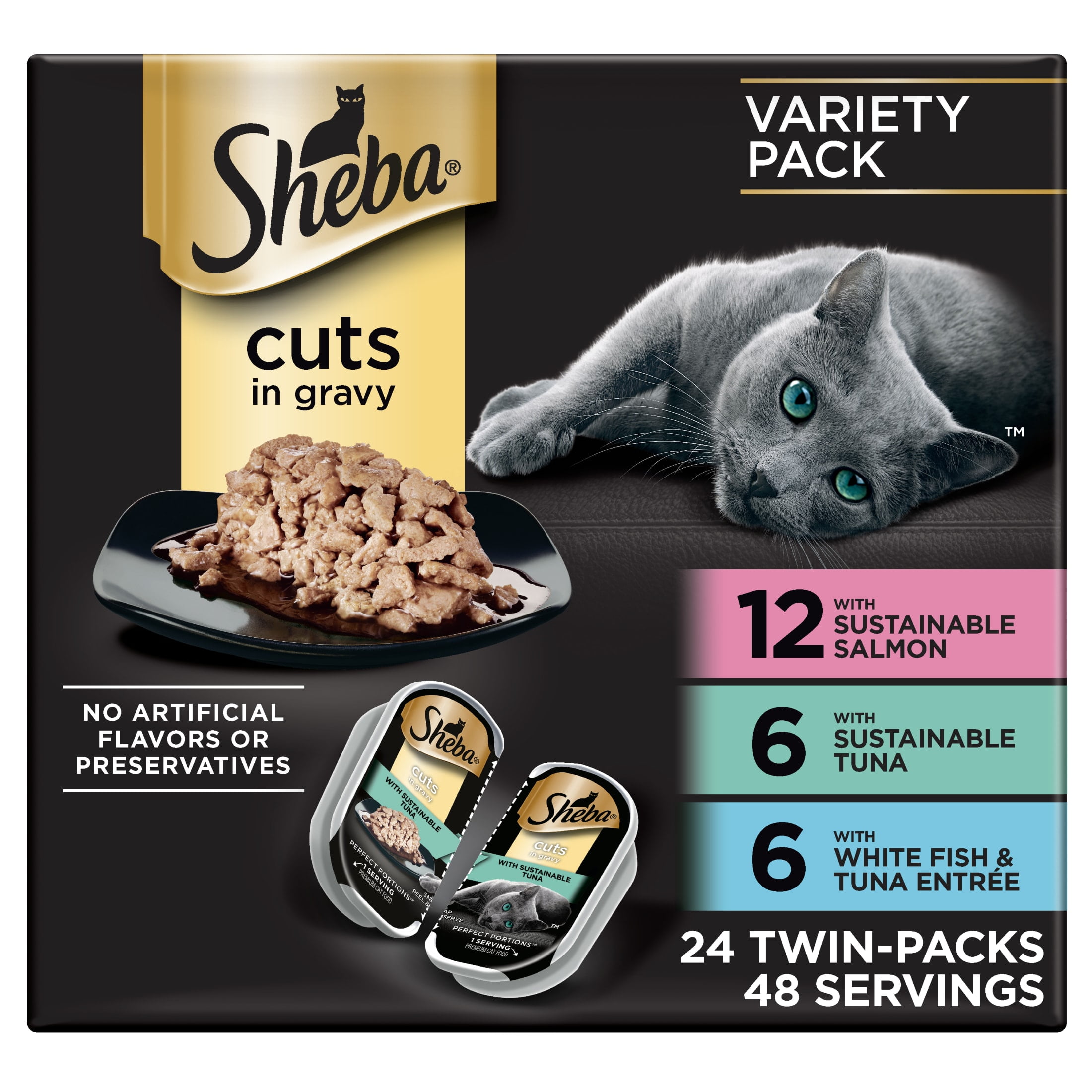 SHEBA Wet Cat Food Cuts in Gravy Variety Pack, Gourmet Salmon, Tuna, and White Fish Entrées (24 Count, 2.6 oz Trays) jynig