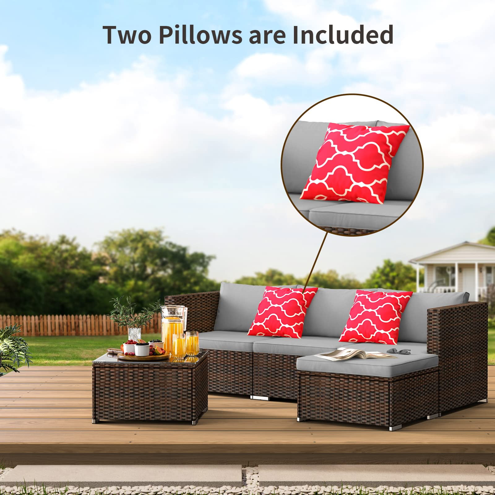 Jolifa 5-Piece Outdoor Wicker Patio Furniture Set with Tempered Glass Table and Cushions (Gray, 5-Piece Set) ihrvp
