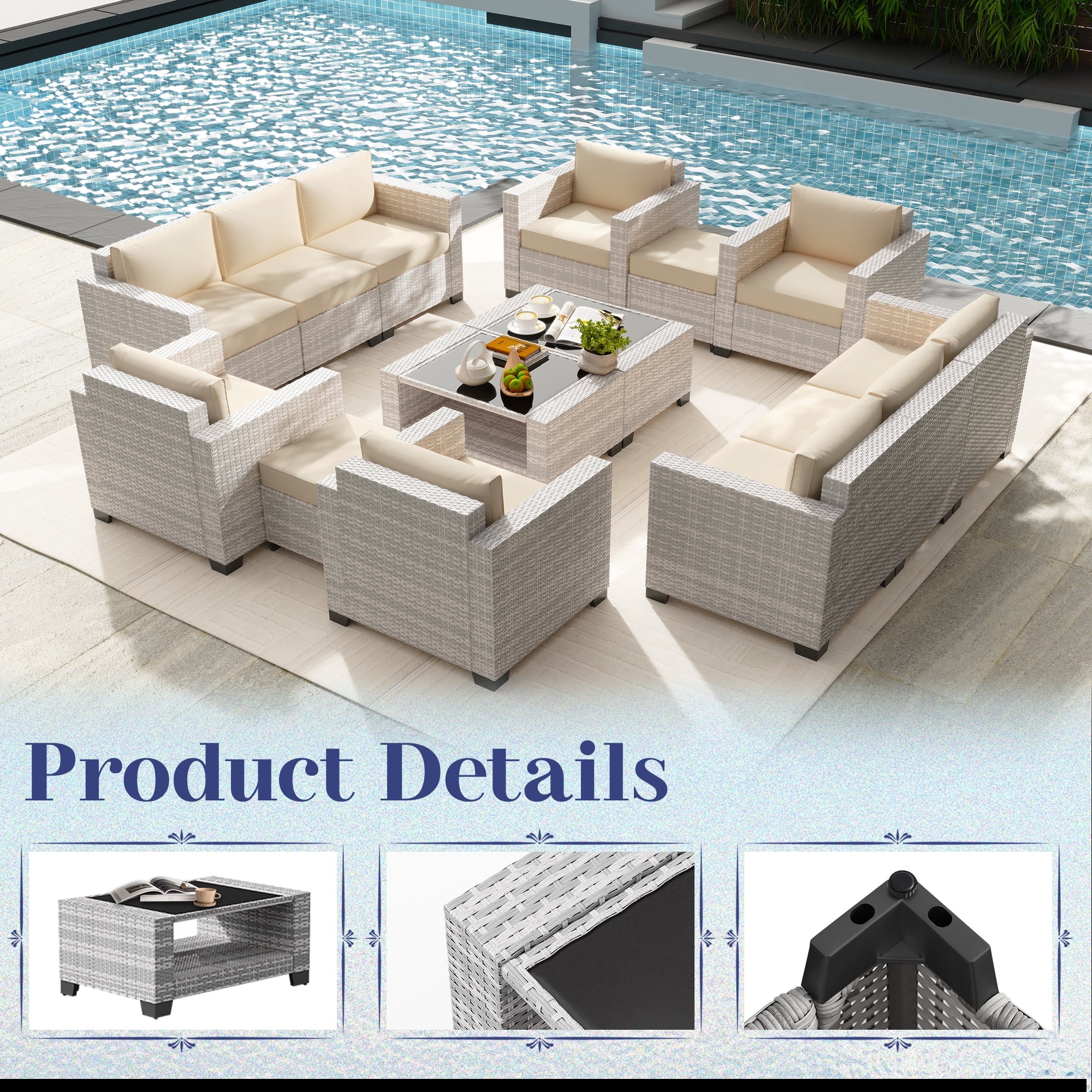 Kigoty 7-Piece Outdoor Patio Furniture Set, Wicker Rattan Sectional Sofa with Coffee Table (Gray-White Rattan, Beige Cushions) n00rz