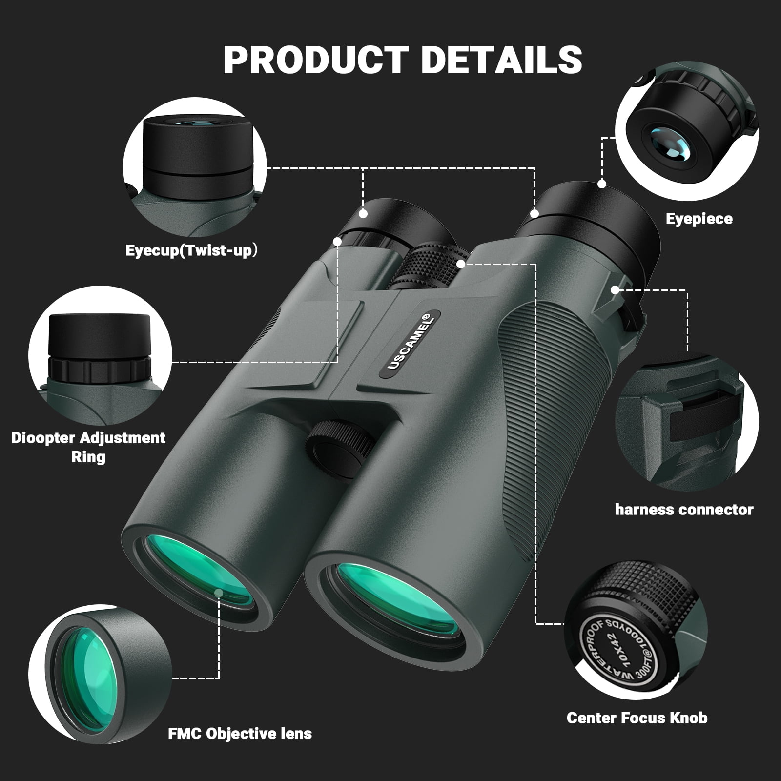 USCAMEL 10x42 Binoculars for Adults, Professional HD BAK4 FMC Optics, Waterproof Hunting & Bird Watching Gear (Green, 10x42) ohiq0