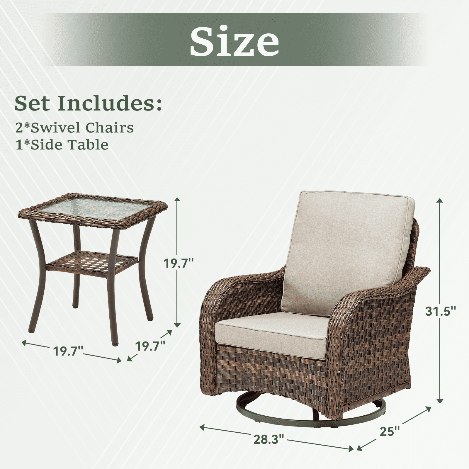 Arnahaishe 3-Piece Outdoor Wicker Patio Bistro Set, Swivel Rocker Chairs with Side Table (Beige, 3-Piece Set) mpihr