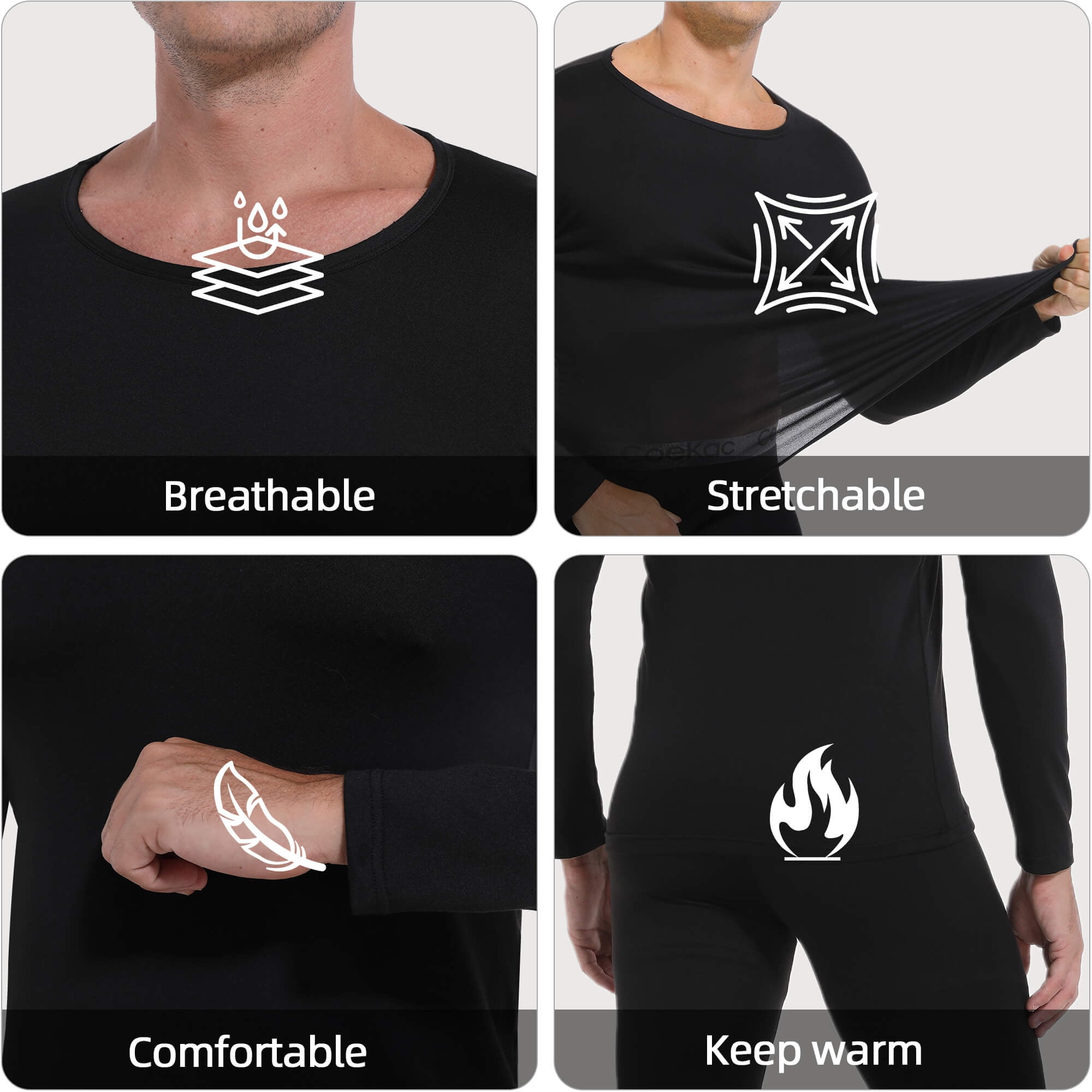 MANIFIQUE Men's Thermal Underwear Set Ultra Thin Long Johns Baselayer (Black, Large) oo9bk