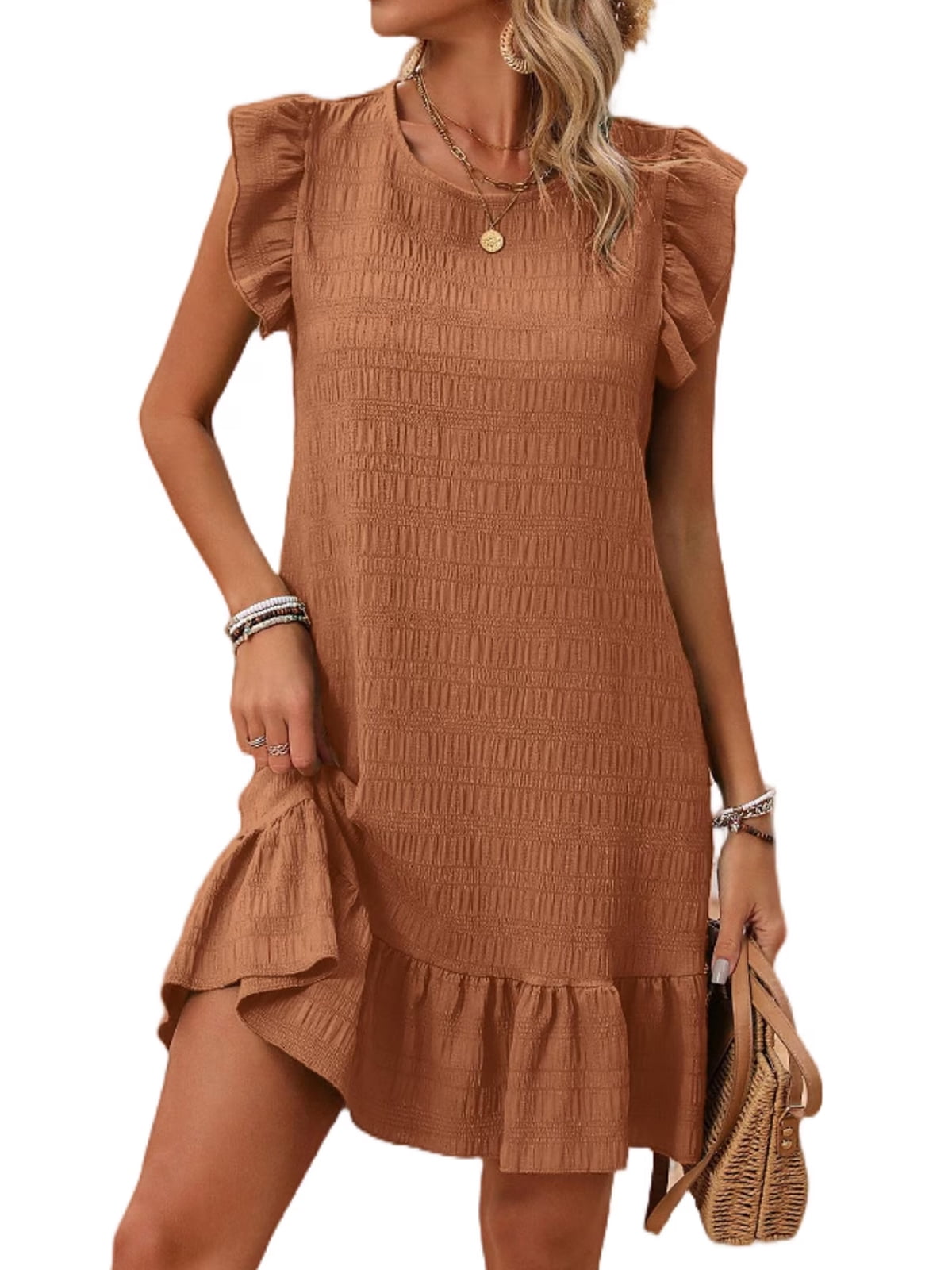 Cuteduck Womens Casual Dress Ruffle Sleeve Tiered Hem Round Neck Textured Summer Dress (Solid, S) 0lstf